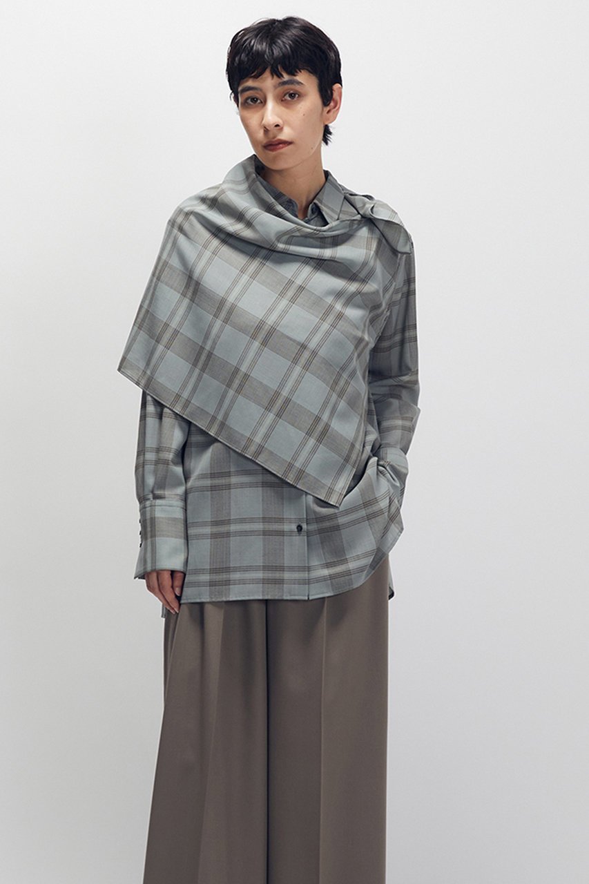 【プルミエ アロンディスモン/1er Arrondissement】のTWチェックスカーフシャツ インテリア・キッズ・メンズ・レディースファッション・服の通販 founy(ファニー) 　ファッション　Fashion　レディースファッション　Fashion for Women　トップス・カットソー　Cut & Sew Tops　シャツ・ブラウス・オフィスカジュアル　Elegant Blouses & Button-Ups　スカーフ　Scarf, Neckwear　スリーブ　Sleeve, Long Sleeve / Short Sleeve　ドレープ　Drape, Draping Fabric　ループ　Loop, Loop Knit　ロング　Long, Long-Length　再入荷　Restock / Back in Stock　別注　Limited Edition, Custom Order　秋　Autumn　グリーン|ID: prp329100004680131 ipo3291000000036134462