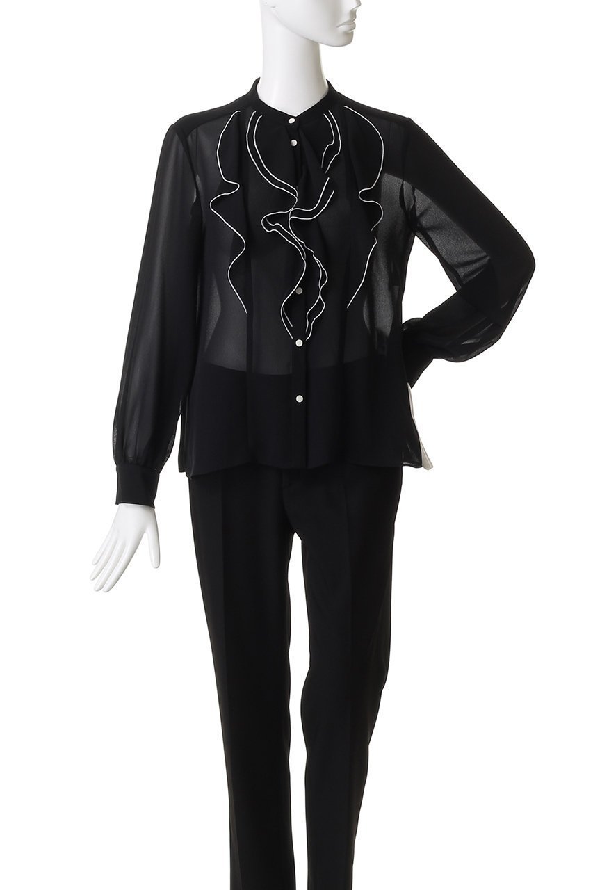 【アナイ/ANAYI】のジョーゼットバイカラーラッフルブラウス 人気、トレンドファッション・服の通販 founy(ファニー) 　ファッション　Fashion　レディースファッション　Fashion for Women　トップス・カットソー　Cut & Sew Tops　シャツ・ブラウス・オフィスカジュアル　Elegant Blouses & Button-Ups　おすすめ　Recommended / Our Picks　エレガント 上品　Elegant　ジョーゼット　Georgette, Semi-Sheer Fabric　スラックス　Slacks, Dress Pants　スリーブ　Sleeve, Long Sleeve / Short Sleeve　デニム　Denim, Jeans Material　ドレープ　Drape, Draping Fabric　パイピング　Piping, Trim Design　フェミニン　Feminine, Girly　ラッフル　Ruffle, Frill　ロング　Long, Long-Length　新作・新入荷　New Arrivals / New In　other-2|ID: prp329100004686407 ipo3291000000033841332