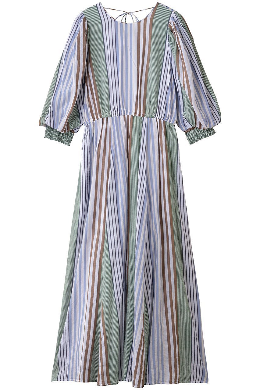 【ヌキテパ/NE QUITTEZ PAS】のCOTTON VOILE ストライプ ボリューム スリーブ ドレス インテリア・キッズ・メンズ・レディースファッション・服の通販 founy(ファニー) 　ファッション　Fashion　レディースファッション　Fashion for Women　ワンピース　Dresses　フォーマル・パーティードレス・結婚式用ドレス　Elegant & Casual Dresses　チュニック　Tunic Tops & Dresses　シャーリング　Shirring, Ruched　ストライプ　Stripe, Striped Pattern　スリーブ　Sleeve, Long Sleeve / Short Sleeve　チュニック　Tunic, Long Top　ドレス　Dress, One-Piece　バルーン　Balloon, Balloon Silhouette　フレア　Flare, Flared　ミックス　Mix, Mixed Style　ロング　Long, Long-Length　新作・新入荷　New Arrivals / New In　グリーン|ID: prp329100004689295 ipo3291000000033866553