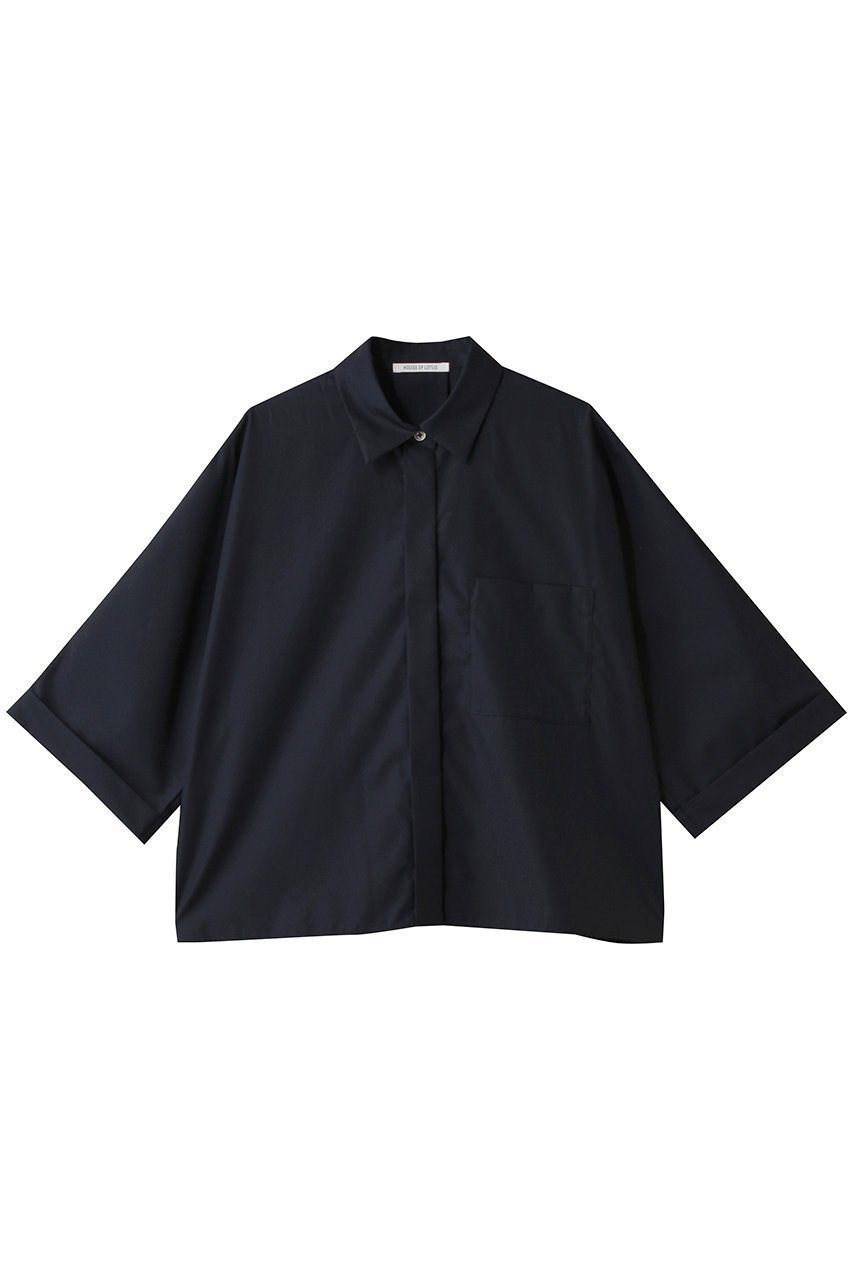 【ハウス オブ ロータス/HOUSE OF LOTUS】のコットンブロードショートシャツ インテリア・キッズ・メンズ・レディースファッション・服の通販 founy(ファニー) 　ファッション　Fashion　レディースファッション　Fashion for Women　トップス・カットソー　Cut & Sew Tops　シャツ・ブラウス・オフィスカジュアル　Elegant Blouses & Button-Ups　おすすめ　Recommended / Our Picks　ショート　Short, Short Length　スリーブ　Sleeve, Long Sleeve / Short Sleeve　ブロード　Broadcloth, Fine Cotton　プリント　Print, Printed Pattern　ボックス　Boxy, Box Shape　ボトム　Bottoms, Lower Wear　マニッシュ　Mannish, Boyish　エレガント 上品　Elegant　ネイビー|ID: prp329100004689401 ipo3291000000035402924