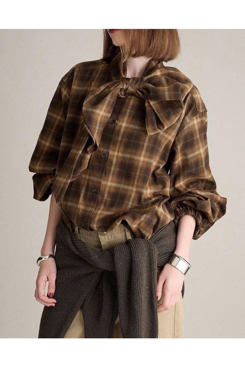 【ブリル/BRILL】のネルボータイブラウス インテリア・キッズ・メンズ・レディースファッション・服の通販 founy(ファニー) 　ファッション　Fashion　レディースファッション　Fashion for Women　トップス・カットソー　Cut & Sew Tops　シャツ・ブラウス・オフィスカジュアル　Elegant Blouses & Button-Ups　ギャザー　Gathered, Ruffled　スリーブ　Sleeve, Long Sleeve / Short Sleeve　フロント　Front, Front Design　リボン　Ribbon, Bow　ロング　Long, Long-Length　エレガント 上品　Elegant　新作・新入荷　New Arrivals / New In　ブラウン|ID: prp329100004689413 ipo3291000000033867382
