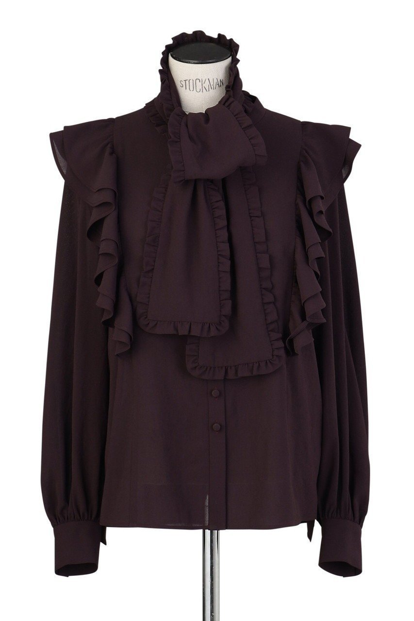 【オブリオ/AUBRIOT】のラッフルボウブラウス インテリア・キッズ・メンズ・レディースファッション・服の通販 founy(ファニー) 　ファッション　Fashion　レディースファッション　Fashion for Women　トップス・カットソー　Cut & Sew Tops　シャツ・ブラウス・オフィスカジュアル　Elegant Blouses & Button-Ups　ストレッチ　Stretch, Stretchy Fabric　スリーブ　Sleeve, Long Sleeve / Short Sleeve　ペーパー　Paper, Kraft Paper　リボン　Ribbon, Bow　ロマンティック　Romantic, Feminine Style　ロング　Long, Long-Length　新作・新入荷　New Arrivals / New In　パープル|ID: prp329100004689502 ipo3291000000033868133