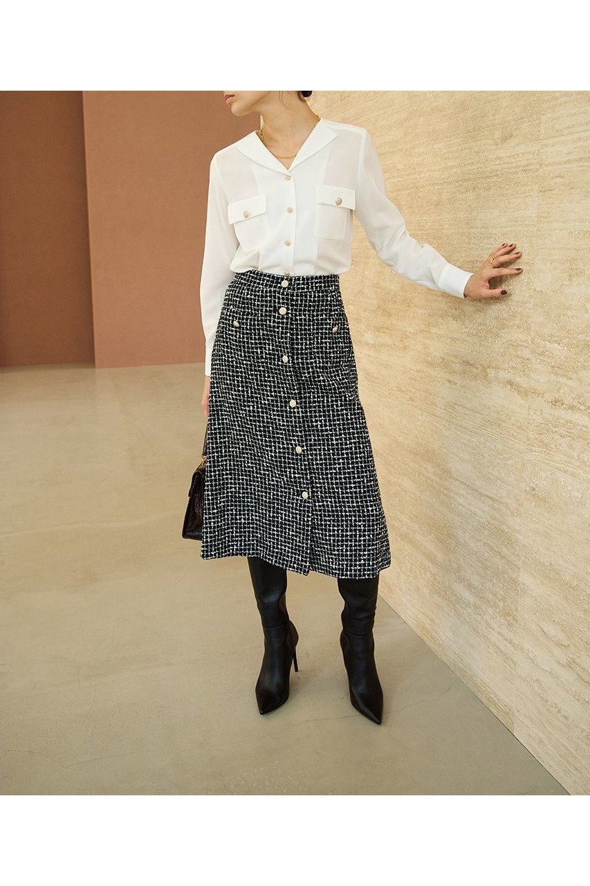 【エムダブリュー/MW】のMONOTONE チェック ツイード スカート 人気、トレンドファッション・服の通販 founy(ファニー) 　ファッション　Fashion　レディースファッション　Fashion for Women　スカート　Skirts　ワンピース　Dresses　おすすめ　Recommended / Our Picks　オケージョン　Occasion Wear　セレモニー　Ceremony　チェック　Check, Plaid, Tartan　チュニック　Tunic, Long Top　ツイード　Twill, Twill Weave　バランス　Balance, Style Balance　フロント　Front, Front Design　モノトーン　Monotone, Black and White　ラグジュアリー　Luxury, Elegant　ロング　Long, Long-Length　新作・新入荷　New Arrivals / New In　other-6|ID: prp329100004689509 ipo3291000000033868202