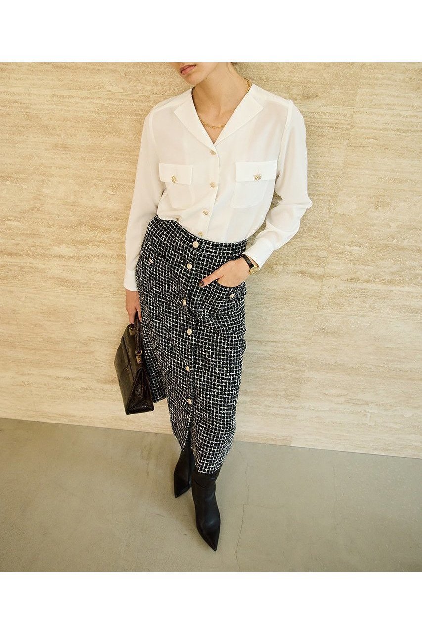 【エムダブリュー/MW】のMONOTONE チェック ツイード スカート 人気、トレンドファッション・服の通販 founy(ファニー) 　ファッション　Fashion　レディースファッション　Fashion for Women　スカート　Skirts　ワンピース　Dresses　おすすめ　Recommended / Our Picks　オケージョン　Occasion Wear　セレモニー　Ceremony　チェック　Check, Plaid, Tartan　チュニック　Tunic, Long Top　ツイード　Twill, Twill Weave　バランス　Balance, Style Balance　フロント　Front, Front Design　モノトーン　Monotone, Black and White　ラグジュアリー　Luxury, Elegant　ロング　Long, Long-Length　新作・新入荷　New Arrivals / New In　other-7|ID: prp329100004689509 ipo3291000000033868203