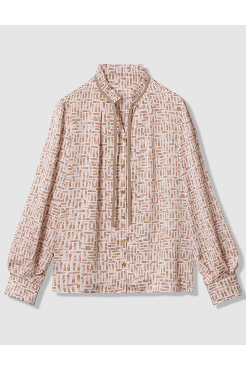【アナイ/ANAYI】のリッププリントフリルネック ブラウス インテリア・キッズ・メンズ・レディースファッション・服の通販 founy(ファニー) 　ファッション　Fashion　レディースファッション　Fashion for Women　トップス・カットソー　Cut & Sew Tops　シャツ・ブラウス・オフィスカジュアル　Elegant Blouses & Button-Ups　おすすめ　Recommended / Our Picks　サテン　Satin, Glossy Fabric　スリーブ　Sleeve, Long Sleeve / Short Sleeve　フリル　Frill, Ruffle　プリント　Print, Printed Pattern　プリーツ　Pleats, Pleated　メタル　Metal, Metal Parts　モチーフ　Motif, Design Theme　リボン　Ribbon, Bow　ロング　Long, Long-Length　新作・新入荷　New Arrivals / New In　無地　Plain, Solid Color　ベージュ|ID: prp329100004691415 ipo3291000000033877970
