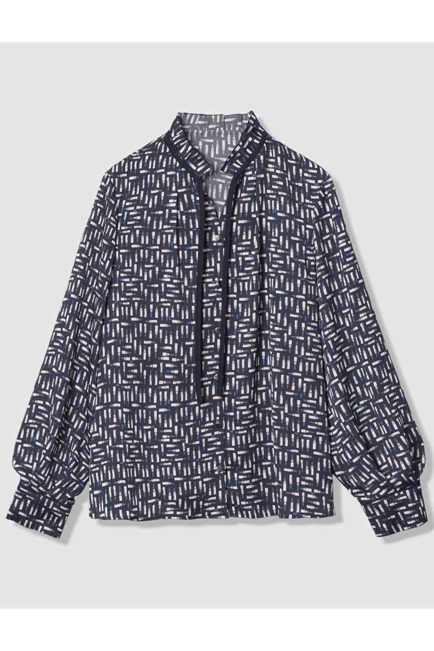 【アナイ/ANAYI】のリッププリントフリルネック ブラウス インテリア・キッズ・メンズ・レディースファッション・服の通販 founy(ファニー) 　ファッション　Fashion　レディースファッション　Fashion for Women　トップス・カットソー　Cut & Sew Tops　シャツ・ブラウス・オフィスカジュアル　Elegant Blouses & Button-Ups　おすすめ　Recommended / Our Picks　サテン　Satin, Glossy Fabric　スリーブ　Sleeve, Long Sleeve / Short Sleeve　フリル　Frill, Ruffle　プリント　Print, Printed Pattern　プリーツ　Pleats, Pleated　メタル　Metal, Metal Parts　モチーフ　Motif, Design Theme　リボン　Ribbon, Bow　ロング　Long, Long-Length　新作・新入荷　New Arrivals / New In　無地　Plain, Solid Color　ネイビー|ID: prp329100004691415 ipo3291000000033877971