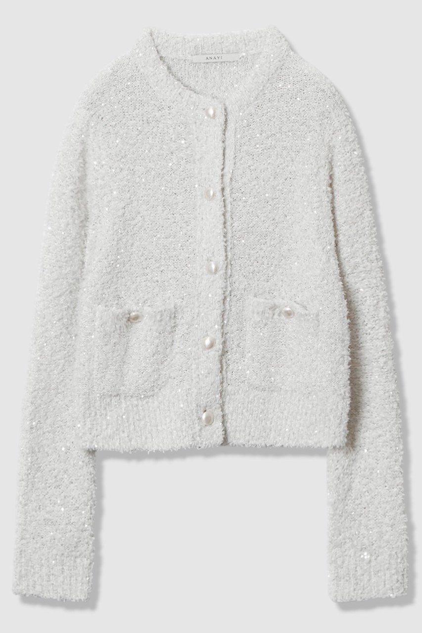 【アナイ/ANAYI】のスパンコールモールクルー カーディガン 人気、トレンドファッション・服の通販 founy(ファニー) 　ファッション　Fashion　レディースファッション　Fashion for Women　トップス・カットソー　Cut & Sew Tops　ニット　Knit Tops & Sweaters　カーディガン・羽織り　Layered Style Cardigans　イタリア　Italy　エレガント 上品　Elegant　カーディガン　Cardigan, Knitwear　シルバー　Silver, Metallic Silver　スパンコール　Sequins, Sequin Embellishment　トレンド　Trend, Trending Now　ペーパー　Paper, Kraft Paper　ポケット　Pocket, Pocket Detail　メタル　Metal, Metal Parts　今季　This Season, Current Season　定番　Standard, Basic Item　新作・新入荷　New Arrivals / New In　 other-1|ID: prp329100004691417 ipo3291000000033877990