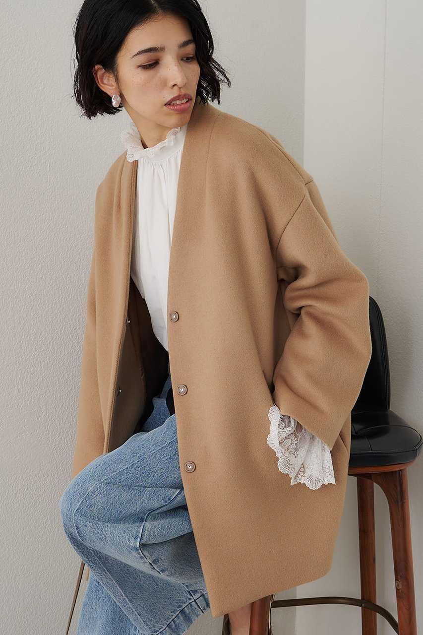 【ウィムガゼット/Whim Gazette】のダブルビーバーミドルコート インテリア・キッズ・メンズ・レディースファッション・服の通販 founy(ファニー) 　ファッション　Fashion　レディースファッション　Fashion for Women　アウター　Coat / Outerwear Collection　コート・ロングコート・ピーコート　Long Coats, Peacoats & More　カーディガン　Cardigan, Knitwear　ショルダー　Shoulder, Shoulder Strap　シンプル　Simple, Minimal　ジャケット　Jacket, Outerwear　スタンダード　Standard, Basic　トレンド　Trend, Trending Now　ドロップ　Drop Shoulder, Dropped Style　フロント　Front, Front Design　ベーシック　Basic, Essential　ミドル　Middle Length, Mid Height　リラックス　Relax, Relaxed Fit　ロング　Long, Long-Length　エレガント 上品　Elegant　定番　Standard, Basic Item　新作・新入荷　New Arrivals / New In　キャメル|ID: prp329100004705690 ipo3291000000033984521