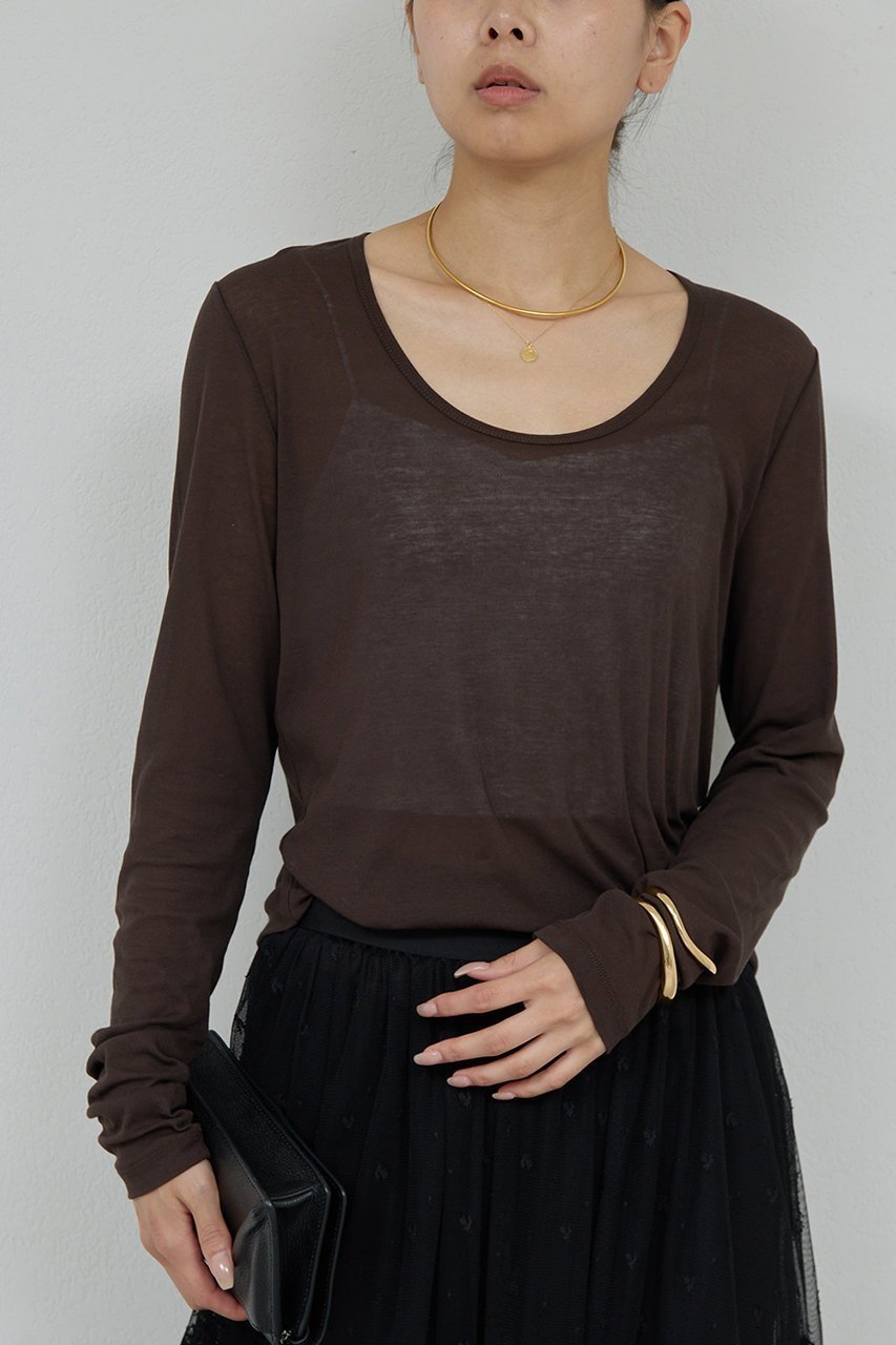 【ガリャルダガランテ/GALLARDAGALANTE】のシアーUネックロンT インテリア・キッズ・メンズ・レディースファッション・服の通販 founy(ファニー) 　ファッション　Fashion　レディースファッション　Fashion for Women　トップス・カットソー　Cut & Sew Tops　シャツ・ブラウス・オフィスカジュアル　Elegant Blouses & Button-Ups　ロングTシャツ・Tシャツ　Longline T-Shirts & Tees　カットソー・ベーシックTシャツ　Cut-and-Sewn Tops / Stretch Tees & Basics　インナー　Innerwear　シアー　Sheer, See-Through　ジャケット　Jacket, Outerwear　スリーブ　Sleeve, Long Sleeve / Short Sleeve　ロング　Long, Long-Length　秋　Autumn　ブラウン|ID: prp329100004705711 ipo3291000000035452948