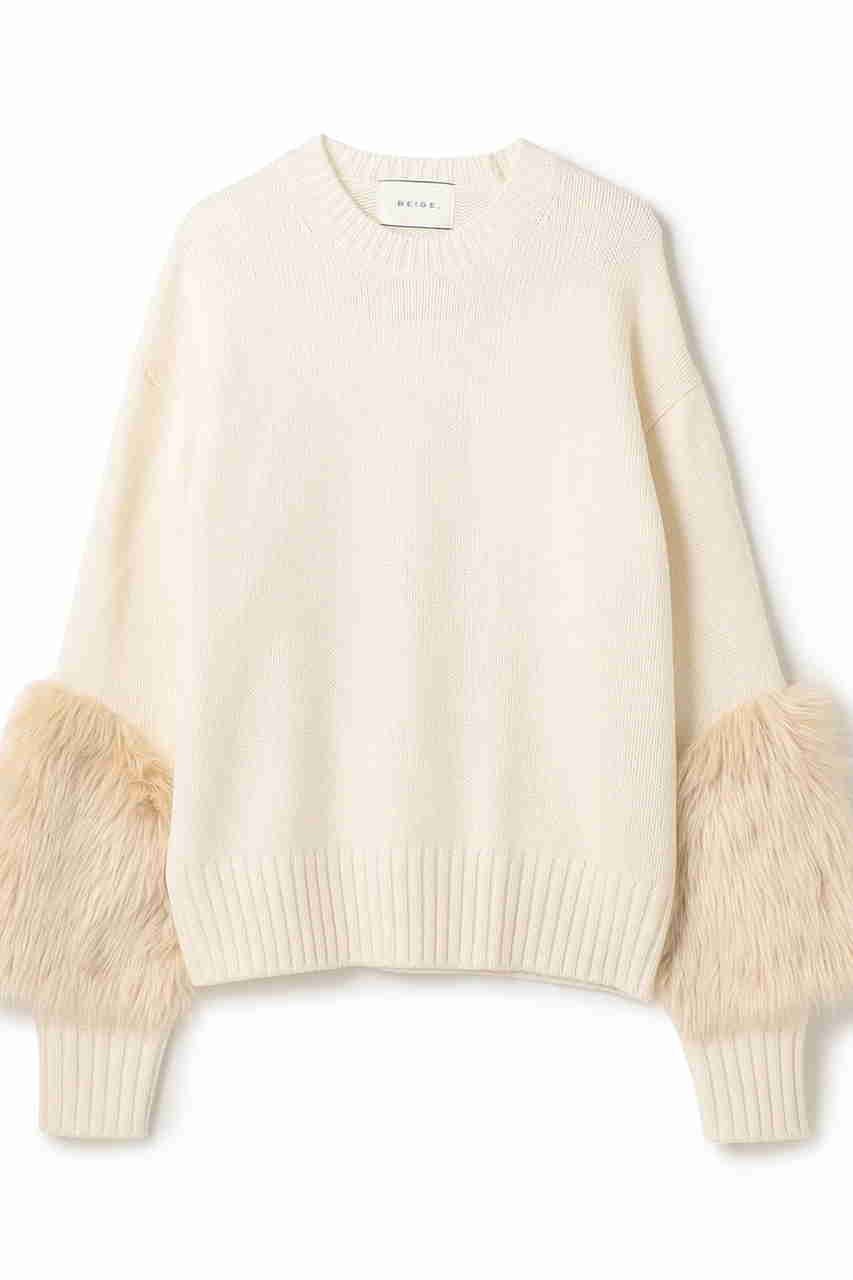【ベイジ,/BEIGE,】の【9/26 12:00販売開始】CHESTER / フェイクファークルーネックニット インテリア・キッズ・メンズ・レディースファッション・服の通販 founy(ファニー) 　ファッション　Fashion　レディースファッション　Fashion for Women　トップス・カットソー　Cut & Sew Tops　ニット　Knit Tops & Sweaters　カジュアルプルオーバー・ニットトップス　Pullovers & Knit Tops / Casual Pullovers　ダウン　Down, Puffer　デニム　Denim, Jeans Material　フェイクファー　Faux Fur, Imitation Fur　リュクス　Luxury, Elegant, High-End, Chic　Bone|ID: prp329100004707918 ipo3291000000034004247