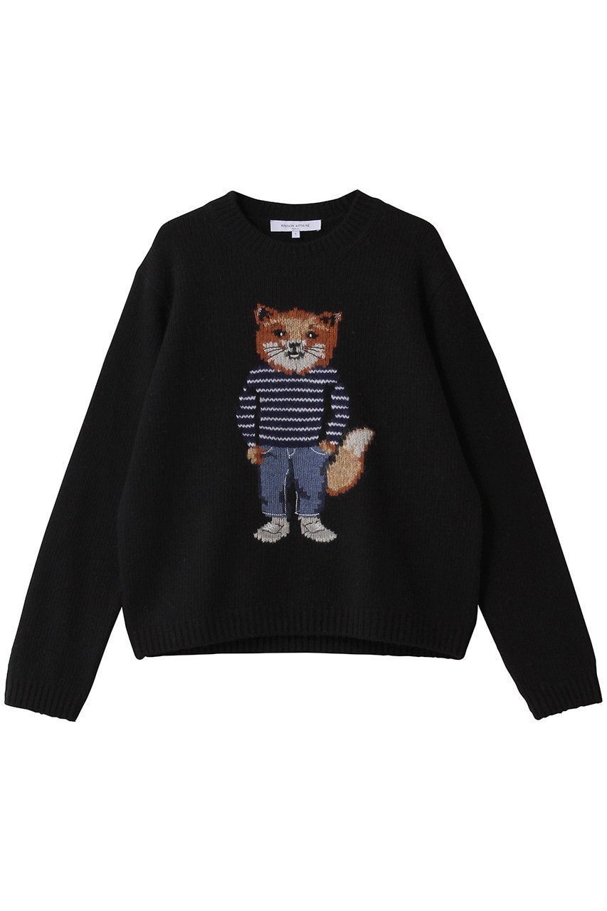 【メゾン キツネ/MAISON KITSUNE】のDRESSED FOX INTARSIA ウール ジャンパー インテリア・キッズ・メンズ・レディースファッション・服の通販 founy(ファニー) 　ファッション　Fashion　レディースファッション　Fashion for Women　トップス・カットソー　Cut & Sew Tops　ニット　Knit Tops & Sweaters　カジュアルプルオーバー・ニットトップス　Pullovers & Knit Tops / Casual Pullovers　ワンピース　Dresses　フォーマル・パーティードレス・結婚式用ドレス　Elegant & Casual Dresses　フォックス　Fox, Fox Fur　フロント　Front, Front Design　ボトム　Bottoms, Lower Wear　新作・新入荷　New Arrivals / New In　長袖　Long Sleeve, Full Sleeve　ブラック|ID: prp329100004709250 ipo3291000000034015988