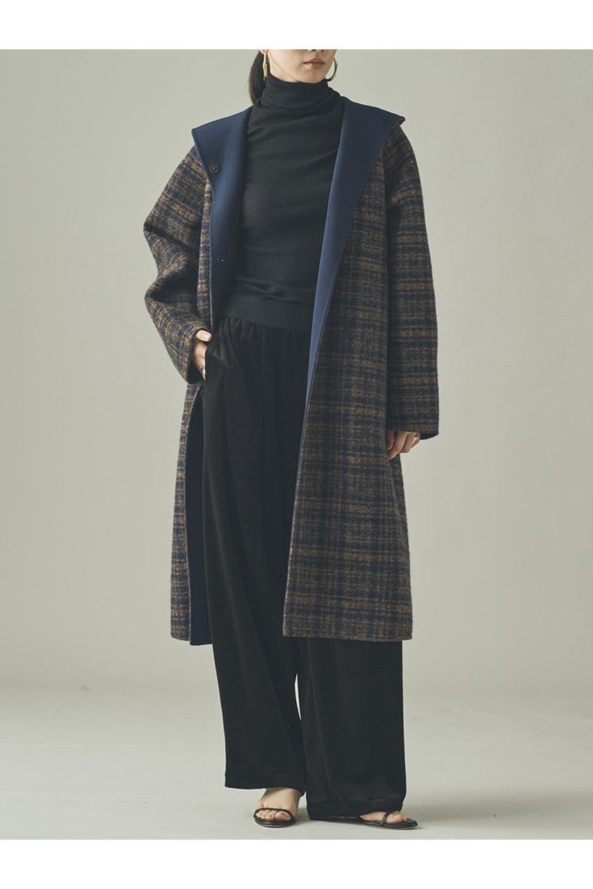 【カレンソロジー/Curensology】の〈C.S.G〉リバーチェックコート インテリア・キッズ・メンズ・レディースファッション・服の通販 founy(ファニー) 　ファッション　Fashion　レディースファッション　Fashion for Women　アウター　Coat / Outerwear Collection　コート・ロングコート・ピーコート　Long Coats, Peacoats & More　チェック　Check, Plaid, Tartan　フォルム　Silhouette, Form　ボンディング　Bonding, Bonded Fabric　ロング　Long, Long-Length　エレガント 上品　Elegant　新作・新入荷　New Arrivals / New In　無地　Plain, Solid Color　ネイビー|ID: prp329100004710755 ipo3291000000034028043