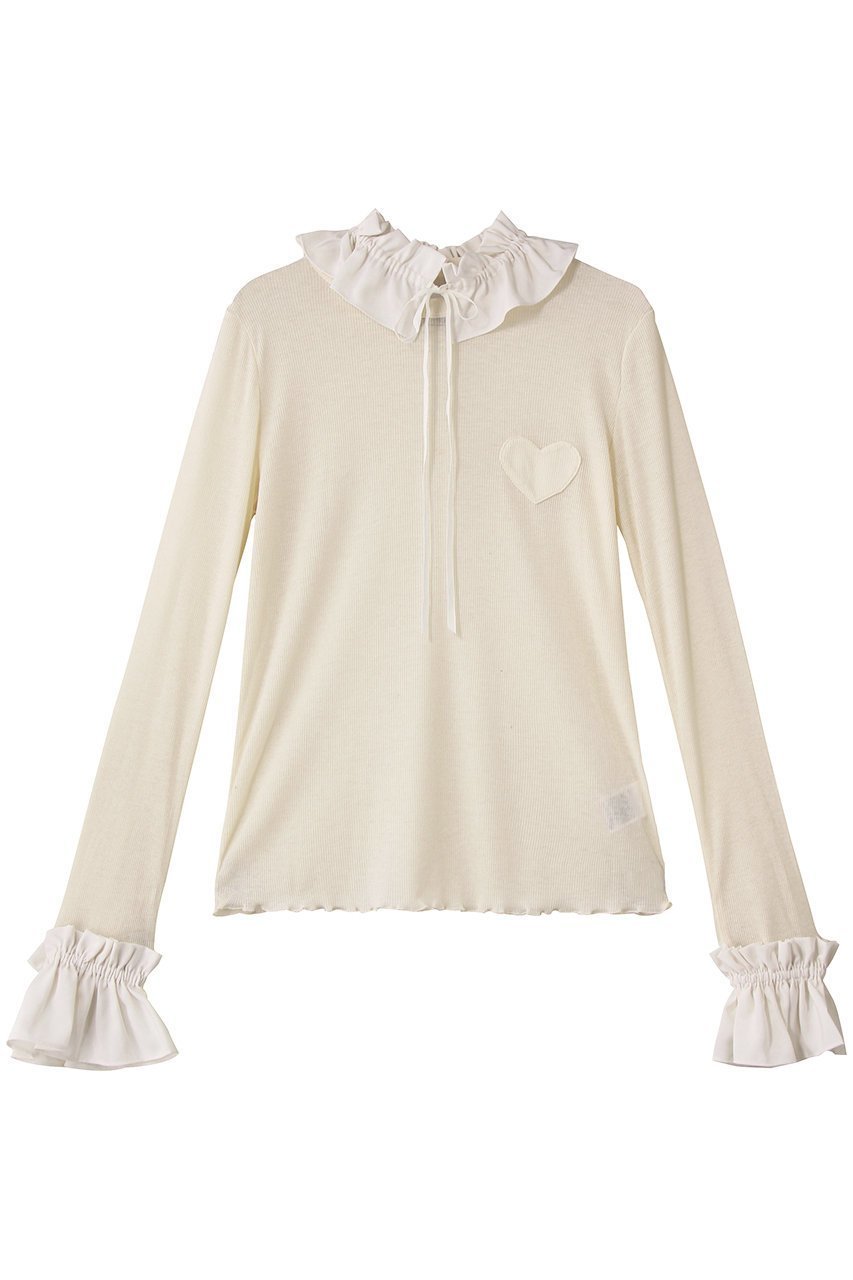 【ミュベール/MUVEIL】のフリルハートパッチカットソー 人気、トレンドファッション・服の通販 founy(ファニー) 　ファッション　Fashion　レディースファッション　Fashion for Women　トップス・カットソー　Cut & Sew Tops　シャツ・ブラウス・オフィスカジュアル　Elegant Blouses & Button-Ups　ロングTシャツ・Tシャツ　Longline T-Shirts & Tees　カットソー・ベーシックTシャツ　Cut-and-Sewn Tops / Stretch Tees & Basics　インナー　Innerwear　ウォーム　Warm Fabric　カットソー　Cut and Sewn Top　ギャザー　Gathered, Ruffled　シアー　Sheer, See-Through　ストレッチ　Stretch, Stretchy Fabric　スリーブ　Sleeve, Long Sleeve / Short Sleeve　テレコ　Ribbed, Rib Stitch　ドレープ　Drape, Draping Fabric　パッチ　Patch, Appliqué　フリル　Frill, Ruffle　ラウンド　Round, Round Neck　リボン　Ribbon, Bow　ロング　Long, Long-Length　エレガント 上品　Elegant　新作・新入荷　New Arrivals / New In　 other-1|ID: prp329100004712178 ipo3291000000034036983