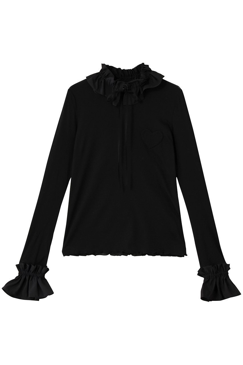 【ミュベール/MUVEIL】のフリルハートパッチカットソー インテリア・キッズ・メンズ・レディースファッション・服の通販 founy(ファニー) 　ファッション　Fashion　レディースファッション　Fashion for Women　トップス・カットソー　Cut & Sew Tops　シャツ・ブラウス・オフィスカジュアル　Elegant Blouses & Button-Ups　ロングTシャツ・Tシャツ　Longline T-Shirts & Tees　カットソー・ベーシックTシャツ　Cut-and-Sewn Tops / Stretch Tees & Basics　インナー　Innerwear　ウォーム　Warm Fabric　カットソー　Cut and Sewn Top　ギャザー　Gathered, Ruffled　シアー　Sheer, See-Through　ストレッチ　Stretch, Stretchy Fabric　スリーブ　Sleeve, Long Sleeve / Short Sleeve　テレコ　Ribbed, Rib Stitch　ドレープ　Drape, Draping Fabric　パッチ　Patch, Appliqué　フリル　Frill, Ruffle　ラウンド　Round, Round Neck　リボン　Ribbon, Bow　ロング　Long, Long-Length　エレガント 上品　Elegant　新作・新入荷　New Arrivals / New In　ブラック|ID: prp329100004712178 ipo3291000000034036985
