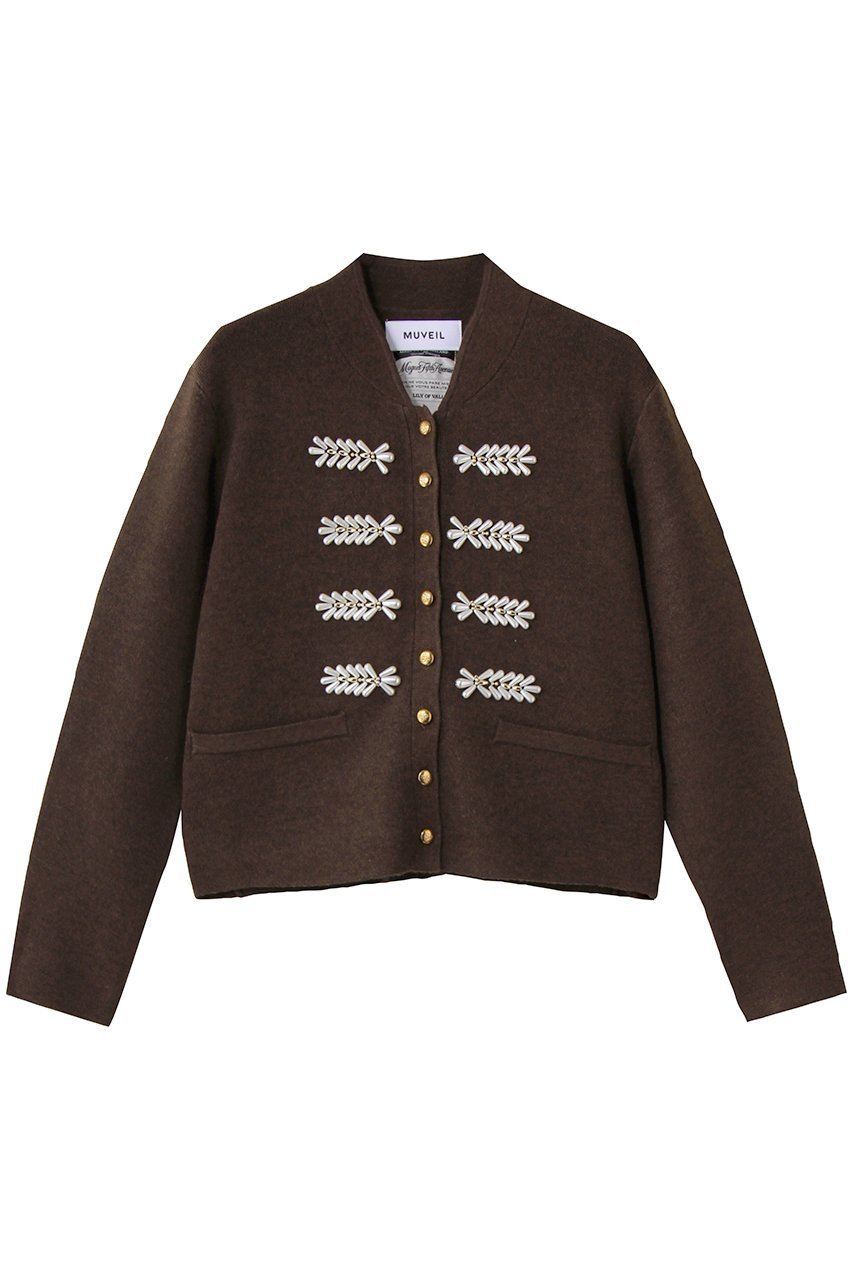 【ミュベール/MUVEIL】のナポレオンニットジャケット インテリア・キッズ・メンズ・レディースファッション・服の通販 founy(ファニー) ファッション Fashion レディースファッション Fashion for Women アウター Coat / Outerwear Collection レディースジャケット・軽アウター Jackets クール Cool, Chic ショート Short, Short Length ジャカード/ジャガード Jacquard, Woven Pattern ジャケット Jacket, Outerwear ダブル Double, Double-Breasted パール Pearl, Pearl Accent マニッシュ Mannish, Boyish メタル Metal, Metal Parts モチーフ Motif, Design Theme ブラウン|ID: prp329100004712179 ipo3291000000035453083