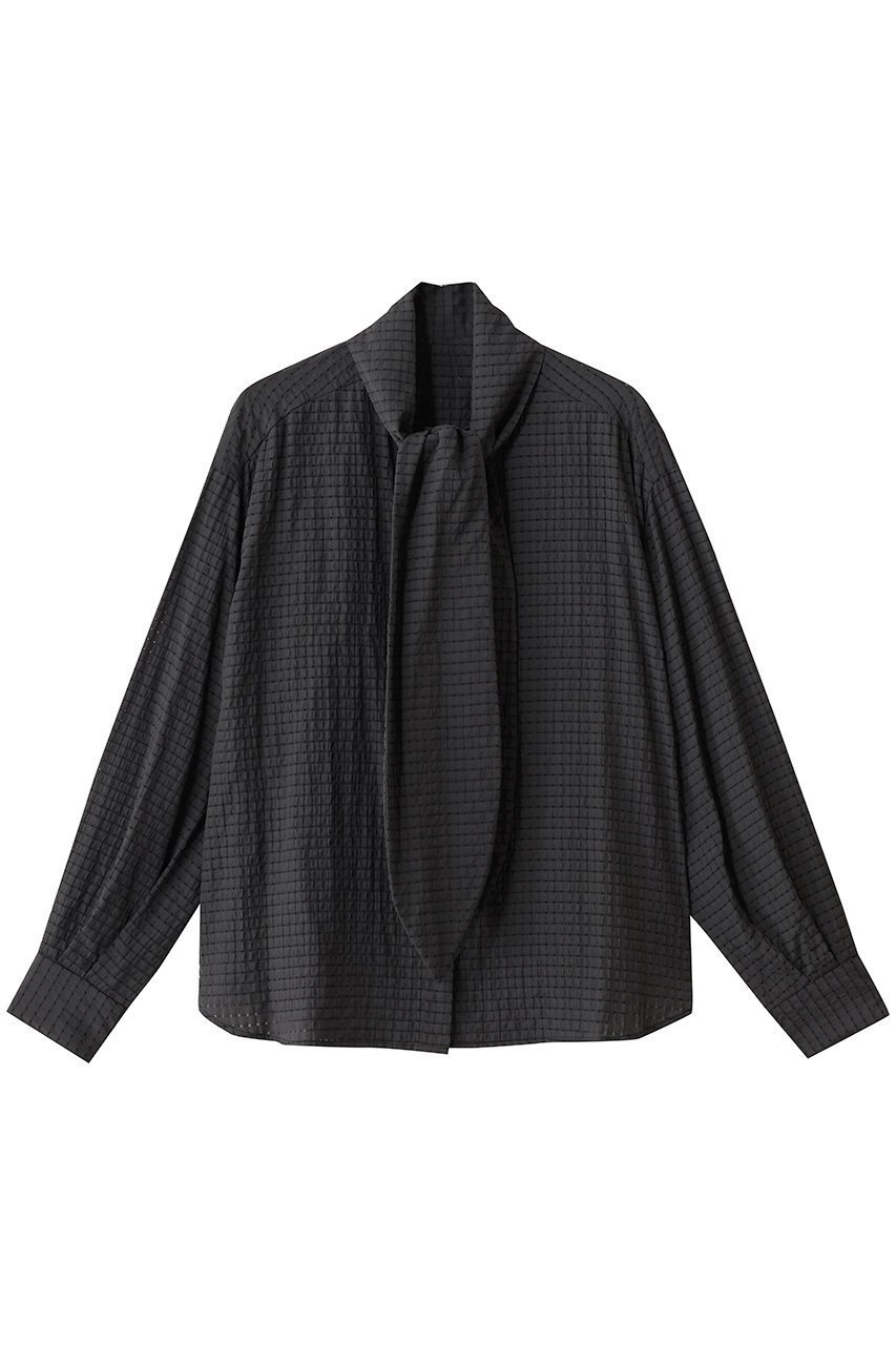 【エリオポール/heliopole】のシアーチェックボウタイブラウス インテリア・キッズ・メンズ・レディースファッション・服の通販 founy(ファニー) 　ファッション　Fashion　レディースファッション　Fashion for Women　トップス・カットソー　Cut & Sew Tops　シャツ・ブラウス・オフィスカジュアル　Elegant Blouses & Button-Ups　シアー　Sheer, See-Through　スリーブ　Sleeve, Long Sleeve / Short Sleeve　デニム　Denim, Jeans Material　フェミニン　Feminine, Girly　ロング　Long, Long-Length　ブラック|ID: prp329100004712197 ipo3291000000035754328