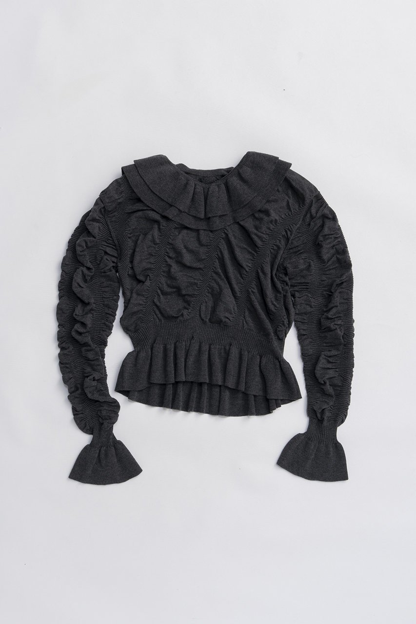 【プランク プロジェクト/PRANK PROJECT】のシャーリングラッフルニット インテリア・キッズ・メンズ・レディースファッション・服の通販 founy(ファニー) 　ファッション　Fashion　レディースファッション　Fashion for Women　トップス・カットソー　Cut & Sew Tops　ニット　Knit Tops & Sweaters　カジュアルプルオーバー・ニットトップス　Pullovers & Knit Tops / Casual Pullovers　おすすめ　Recommended / Our Picks　シャーリング　Shirring, Ruched　デニム　Denim, Jeans Material　ボトム　Bottoms, Lower Wear　ミックス　Mix, Mixed Style　ラッフル　Ruffle, Frill　新作・新入荷　New Arrivals / New In　GRY(グレー)|ID: prp329100004713049 ipo3291000000034046756