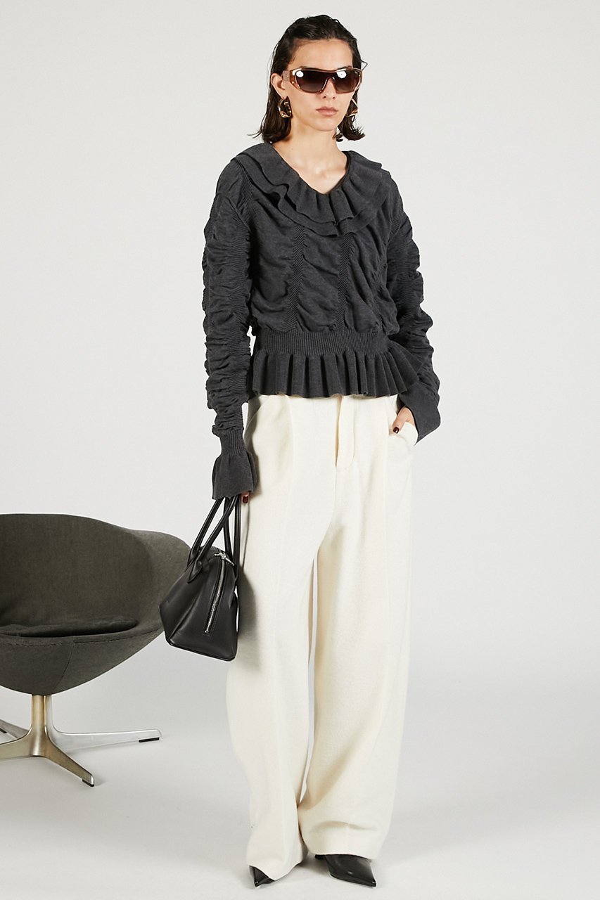 【プランク プロジェクト/PRANK PROJECT】のシャーリングラッフルニット 人気、トレンドファッション・服の通販 founy(ファニー) 　ファッション　Fashion　レディースファッション　Fashion for Women　トップス・カットソー　Cut & Sew Tops　ニット　Knit Tops & Sweaters　カジュアルプルオーバー・ニットトップス　Pullovers & Knit Tops / Casual Pullovers　おすすめ　Recommended / Our Picks　シャーリング　Shirring, Ruched　デニム　Denim, Jeans Material　ボトム　Bottoms, Lower Wear　ミックス　Mix, Mixed Style　ラッフル　Ruffle, Frill　新作・新入荷　New Arrivals / New In　other-5|ID: prp329100004713049 ipo3291000000034046760