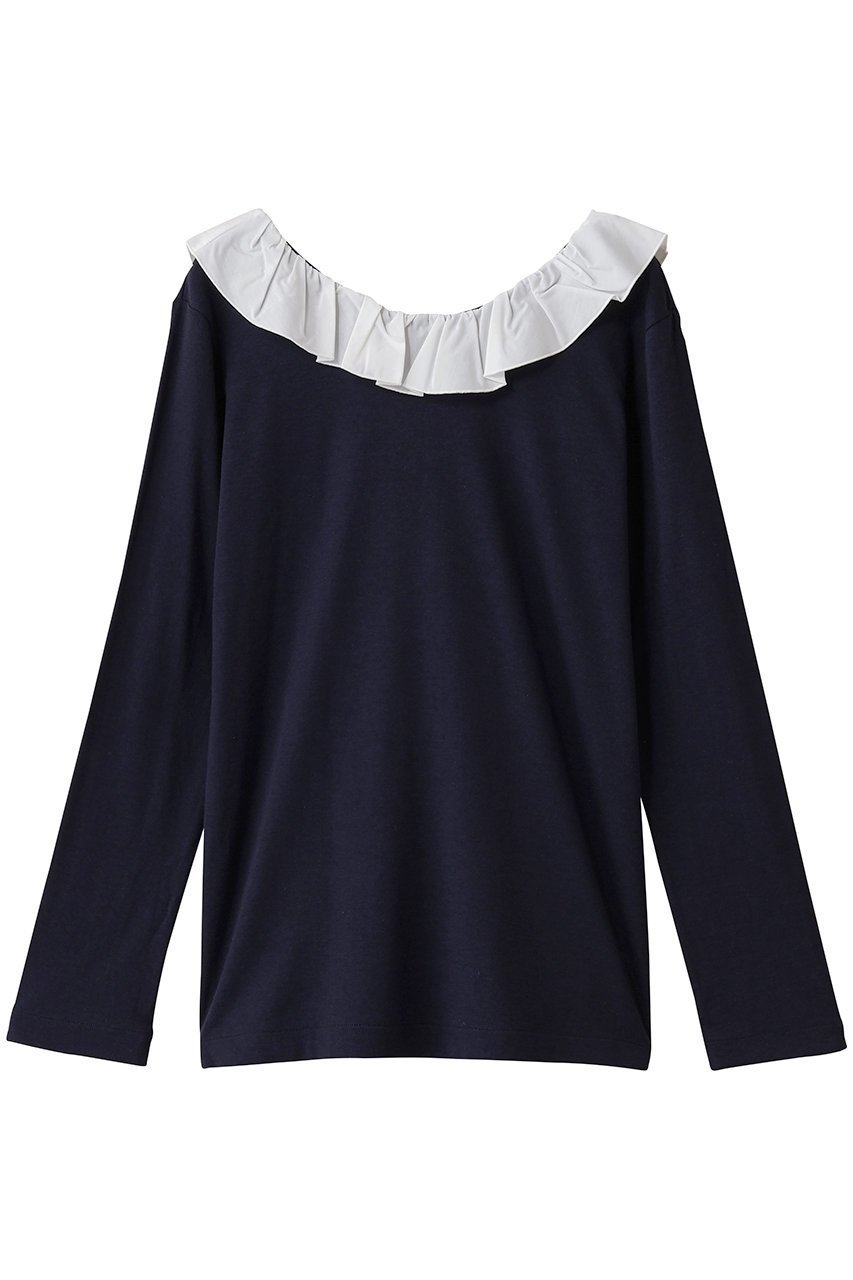 【マノフ/MANOF】の2WAY FRILL NECK CUT TOPS Tシャツ・カットソー インテリア・キッズ・メンズ・レディースファッション・服の通販 founy(ファニー) 　ファッション　Fashion　レディースファッション　Fashion for Women　トップス・カットソー　Cut & Sew Tops　シャツ・ブラウス・オフィスカジュアル　Elegant Blouses & Button-Ups　ロングTシャツ・Tシャツ　Longline T-Shirts & Tees　カットソー・ベーシックTシャツ　Cut-and-Sewn Tops / Stretch Tees & Basics　カットソー　Cut and Sewn Top　ジャケット　Jacket, Outerwear　スリーブ　Sleeve, Long Sleeve / Short Sleeve　フェミニン　Feminine, Girly　フリル　Frill, Ruffle　ロング　Long, Long-Length　新作・新入荷　New Arrivals / New In　長袖　Long Sleeve, Full Sleeve　NAVY|ID: prp329100004714074 ipo3291000000034056994