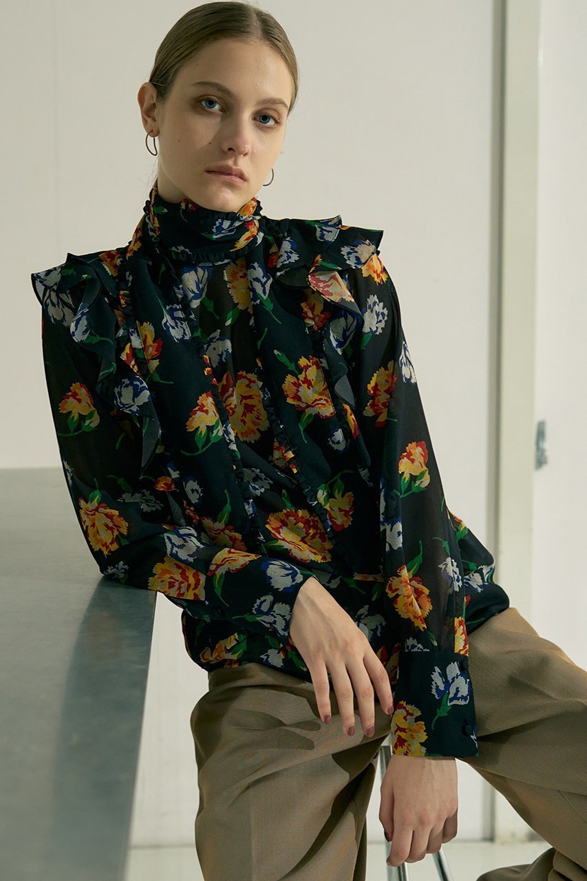 【デザイン ワークス/DESIGN WORKS】のフラワープリントリボン付きラッフルブラウス 人気、トレンドファッション・服の通販 founy(ファニー) 　ファッション　Fashion　レディースファッション　Fashion for Women　トップス・カットソー　Cut & Sew Tops　シャツ・ブラウス・オフィスカジュアル　Elegant Blouses & Button-Ups　花柄・フラワープリント・モチーフ　Floral Prints & Motifs / Flower Pattern Tops　インナー　Innerwear　エレガント 上品　Elegant　クラシカル　Classical, Vintage-Inspired　シンプル　Simple, Minimal　ジャケット　Jacket, Outerwear　スリーブ　Sleeve, Long Sleeve / Short Sleeve　ファブリック　Fabric, Textile　フェミニン　Feminine, Girly　プリント　Print, Printed Pattern　リボン　Ribbon, Bow　ロング　Long, Long-Length　手描き　Hand-Drawn, Illustrated　新作・新入荷　New Arrivals / New In　other-6|ID: prp329100004715322 ipo3291000000034068028