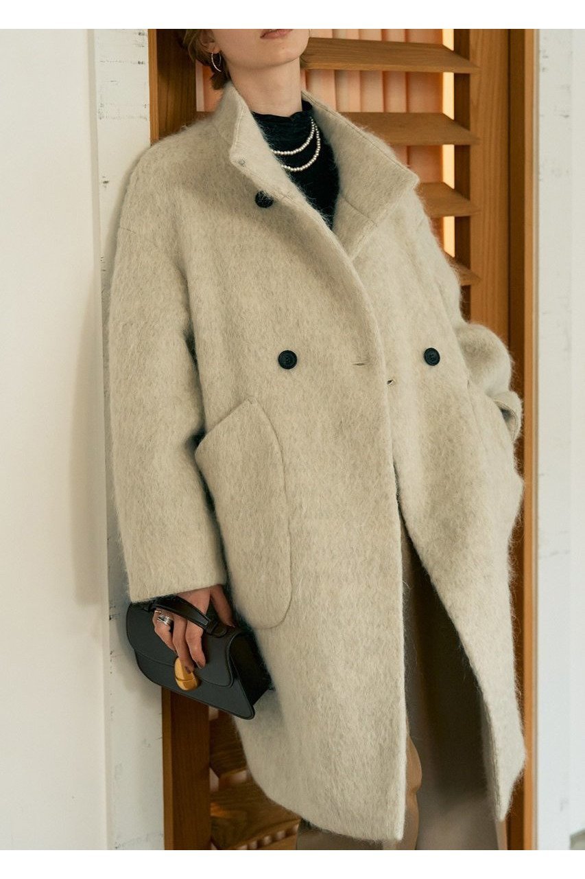 【デザイン ワークス/DESIGN WORKS】のアルパカ混モヘアシャギーコート インテリア・キッズ・メンズ・レディースファッション・服の通販 founy(ファニー) 　ファッション　Fashion　レディースファッション　Fashion for Women　アウター　Coat / Outerwear Collection　コート・ロングコート・ピーコート　Long Coats, Peacoats & More　ウェーブ　Wavy Pattern　ショート　Short, Short Length　シンプル　Simple, Minimal　スタンド　Stand Collar, Upright Stand　スリム　Slim, Slim Fit　トレンド　Trend, Trending Now　バランス　Balance, Style Balance　フェミニン　Feminine, Girly　ラグジュアリー　Luxury, Elegant　新作・新入荷　New Arrivals / New In　アイボリー|ID: prp329100004715325 ipo3291000000034068045