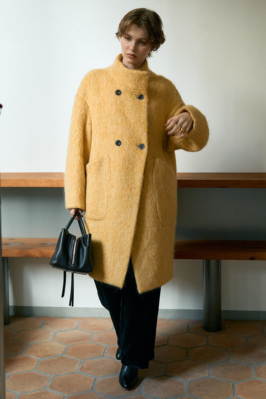 【デザイン ワークス/DESIGN WORKS】のアルパカ混モヘアシャギーコート インテリア・キッズ・メンズ・レディースファッション・服の通販 founy(ファニー) 　ファッション　Fashion　レディースファッション　Fashion for Women　アウター　Coat / Outerwear Collection　コート・ロングコート・ピーコート　Long Coats, Peacoats & More　ウェーブ　Wavy Pattern　ショート　Short, Short Length　シンプル　Simple, Minimal　スタンド　Stand Collar, Upright Stand　スリム　Slim, Slim Fit　トレンド　Trend, Trending Now　バランス　Balance, Style Balance　フェミニン　Feminine, Girly　ラグジュアリー　Luxury, Elegant　イエロー|ID: prp329100004715325 ipo3291000000035800587