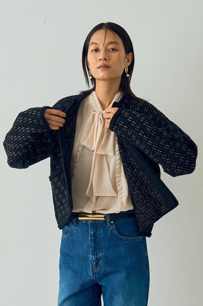【デザイン ワークス/DESIGN WORKS】のラメツイードライクニットショートジャケット 人気、トレンドファッション・服の通販 founy(ファニー) 　ファッション　Fashion　レディースファッション　Fashion for Women　アウター　Coat / Outerwear Collection　レディースジャケット・軽アウター　Jackets　アクセサリー　Fashion Accessories　コンパクト　Compact, Small Size　ショート　Short, Short Length　ジャカード／ジャガード　Jacquard, Woven Pattern　ジャケット　Jacket, Outerwear　ツイード　Twill, Twill Weave　デニム　Denim, Jeans Material　バランス　Balance, Style Balance　パーティ　Party, Party Style　フェミニン　Feminine, Girly　ミックス　Mix, Mixed Style　新作・新入荷　New Arrivals / New In　other-2|ID: prp329100004715327 ipo3291000000034068067