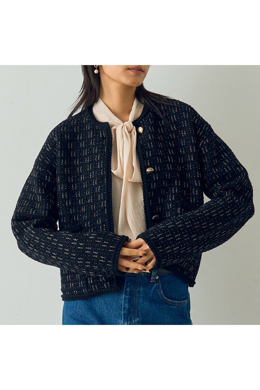 【デザイン ワークス/DESIGN WORKS】のラメツイードライクニットショートジャケット 人気、トレンドファッション・服の通販 founy(ファニー) 　ファッション　Fashion　レディースファッション　Fashion for Women　アウター　Coat / Outerwear Collection　レディースジャケット・軽アウター　Jackets　アクセサリー　Fashion Accessories　コンパクト　Compact, Small Size　ショート　Short, Short Length　ジャカード／ジャガード　Jacquard, Woven Pattern　ジャケット　Jacket, Outerwear　ツイード　Twill, Twill Weave　デニム　Denim, Jeans Material　バランス　Balance, Style Balance　パーティ　Party, Party Style　フェミニン　Feminine, Girly　ミックス　Mix, Mixed Style　新作・新入荷　New Arrivals / New In　other-5|ID: prp329100004715327 ipo3291000000034068070