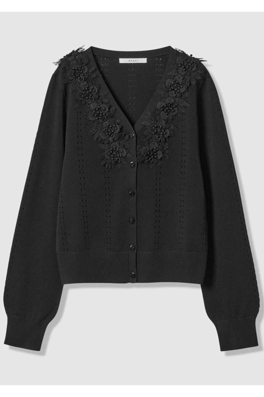 【アナイ/ANAYI】の立体フラワーレースV カーディガン インテリア・キッズ・メンズ・レディースファッション・服の通販 founy(ファニー) 　ファッション　Fashion　レディースファッション　Fashion for Women　トップス・カットソー　Cut & Sew Tops　ニット　Knit Tops & Sweaters　カーディガン・羽織り　Layered Style Cardigans　おすすめ　Recommended / Our Picks　なめらか　Smooth, Silky Texture　アイレット　Eyelet Lace　カーディガン　Cardigan, Knitwear　コンパクト　Compact, Small Size　ストレッチ　Stretch, Stretchy Fabric　スリーブ　Sleeve, Long Sleeve / Short Sleeve　デコルテ　Décolleté, Neckline　フラワー　Flower, Floral　レース　Lace, Lace Fabric　新作・新入荷　New Arrivals / New In　ブラック|ID: prp329100004716614 ipo3291000000034078875