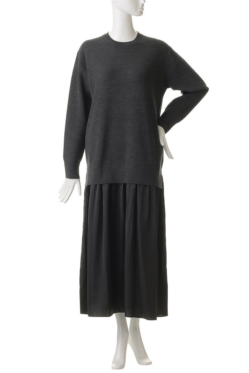 【エブール/ebure】のブライト畦ニット 異素材ワンピース 人気、トレンドファッション・服の通販 founy(ファニー) 　ファッション　Fashion　レディースファッション　Fashion for Women　ワンピース　Dresses　チュニック　Tunic Tops & Dresses　コンビ　Combo, Combination Style　サテン　Satin, Glossy Fabric　チュニック　Tunic, Long Top　ドッキング　Docking, Mixed Material　ブライト　Bright, Shiny　ベーシック　Basic, Essential　リラックス　Relax, Relaxed Fit　エレガント 上品　Elegant　畦　Ribbed Knit　other-2|ID: prp329100004717748 ipo3291000000035833437