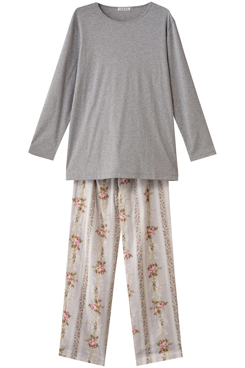 【イクコ/IKUKO / GOODS】のスムースニット&ダブルガーゼ花柄パジャマ インテリア・キッズ・メンズ・レディースファッション・服の通販 founy(ファニー) 　ストレッチ　Stretch, Stretchy Fabric　ダブル　Double, Double-Breasted　パジャマ　Pajamas, Sleepwear　プリント　Print, Printed Pattern　新作・新入荷　New Arrivals / New In　グレー杢×ライトグレー|ID: prp329100004717772 ipo3291000000034089809