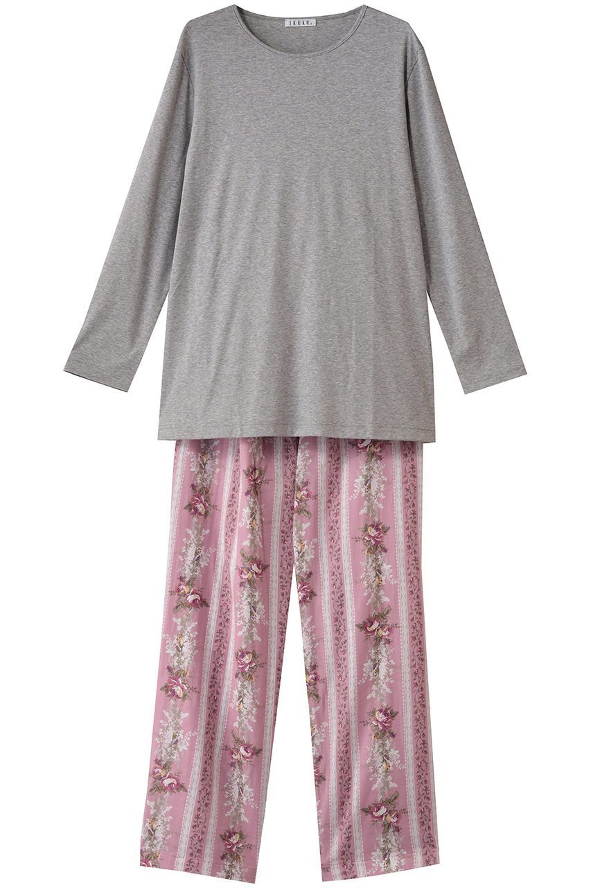 【イクコ/IKUKO / GOODS】のスムースニット&ダブルガーゼ花柄パジャマ インテリア・キッズ・メンズ・レディースファッション・服の通販 founy(ファニー) 　ストレッチ　Stretch, Stretchy Fabric　ダブル　Double, Double-Breasted　パジャマ　Pajamas, Sleepwear　プリント　Print, Printed Pattern　新作・新入荷　New Arrivals / New In　グレー杢×ピンク|ID: prp329100004717772 ipo3291000000034089811