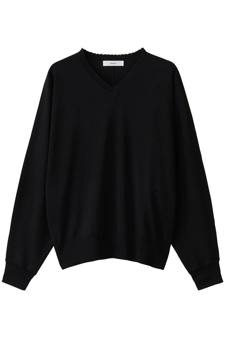 【エブール/ebure】の【10/10 0:00販売開始】ソフトファインウール Vネックニットプルオーバー インテリア・キッズ・メンズ・レディースファッション・服の通販 founy(ファニー) 　ファッション　Fashion　レディースファッション　Fashion for Women　トップス・カットソー　Cut & Sew Tops　ニット　Knit Tops & Sweaters　カジュアルプルオーバー・ニットトップス　Pullovers & Knit Tops / Casual Pullovers　Vネックトップス　V-Neck Tops / V-Cut Neckline Shirts　なめらか　Smooth, Silky Texture　シンプル　Simple, Minimal　スカラップ　Scallop, Scalloped Edge　ブラウジング　Blouson Silhouette, Cinched Waist　エレガント 上品　Elegant　ブラック|ID: prp329100004718003 ipo3291000000034091583