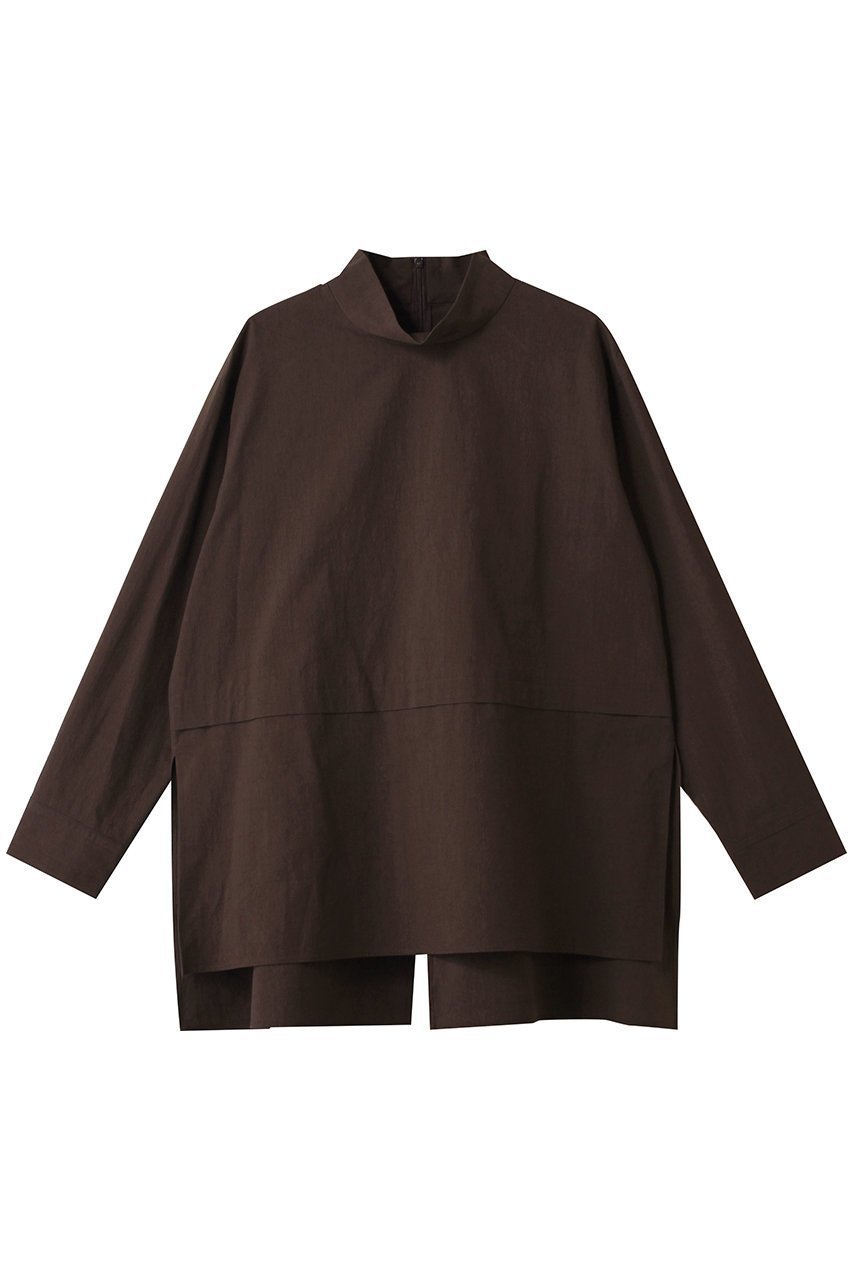 【プレインピープル/PLAIN PEOPLE】のCOTTON SABREタック&スリットハイネックブラウス インテリア・キッズ・メンズ・レディースファッション・服の通販 founy(ファニー) 　ファッション　Fashion　レディースファッション　Fashion for Women　トップス・カットソー　Cut & Sew Tops　シャツ・ブラウス・オフィスカジュアル　Elegant Blouses & Button-Ups　スリット　Slit, Slit Detail　スリーブ　Sleeve, Long Sleeve / Short Sleeve　ハイネック　High Neck, Mock Neck　ロング　Long, Long-Length　新作・新入荷　New Arrivals / New In　ブラウン|ID: prp329100004725065 ipo3291000000034144015