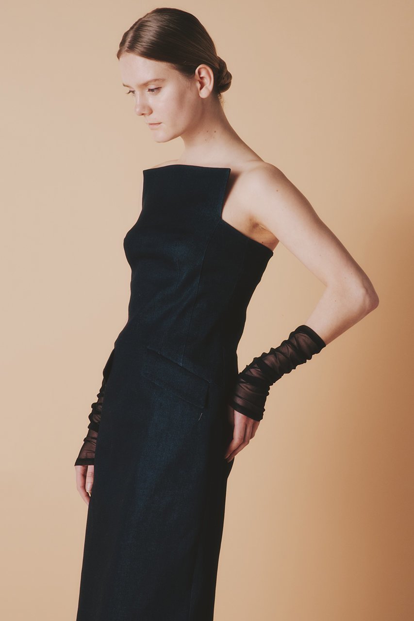 【ルームエイト/Room no.8】のサテン デニム ハイ ベア ドレス 人気、トレンドファッション・服の通販 founy(ファニー) 　ファッション　Fashion　レディースファッション　Fashion for Women　ワンピース　Dresses　フォーマル・パーティードレス・結婚式用ドレス　Elegant & Casual Dresses　チュニック　Tunic Tops & Dresses　サテン　Satin, Glossy Fabric　シューズ　Shoes, Footwear　チュニック　Tunic, Long Top　デニム　Denim, Jeans Material　ドレス　Dress, One-Piece　フィット　Fit, Slim Fit　ロング　Long, Long-Length　other-7|ID: prp329100004727543 ipo3291000000036890771