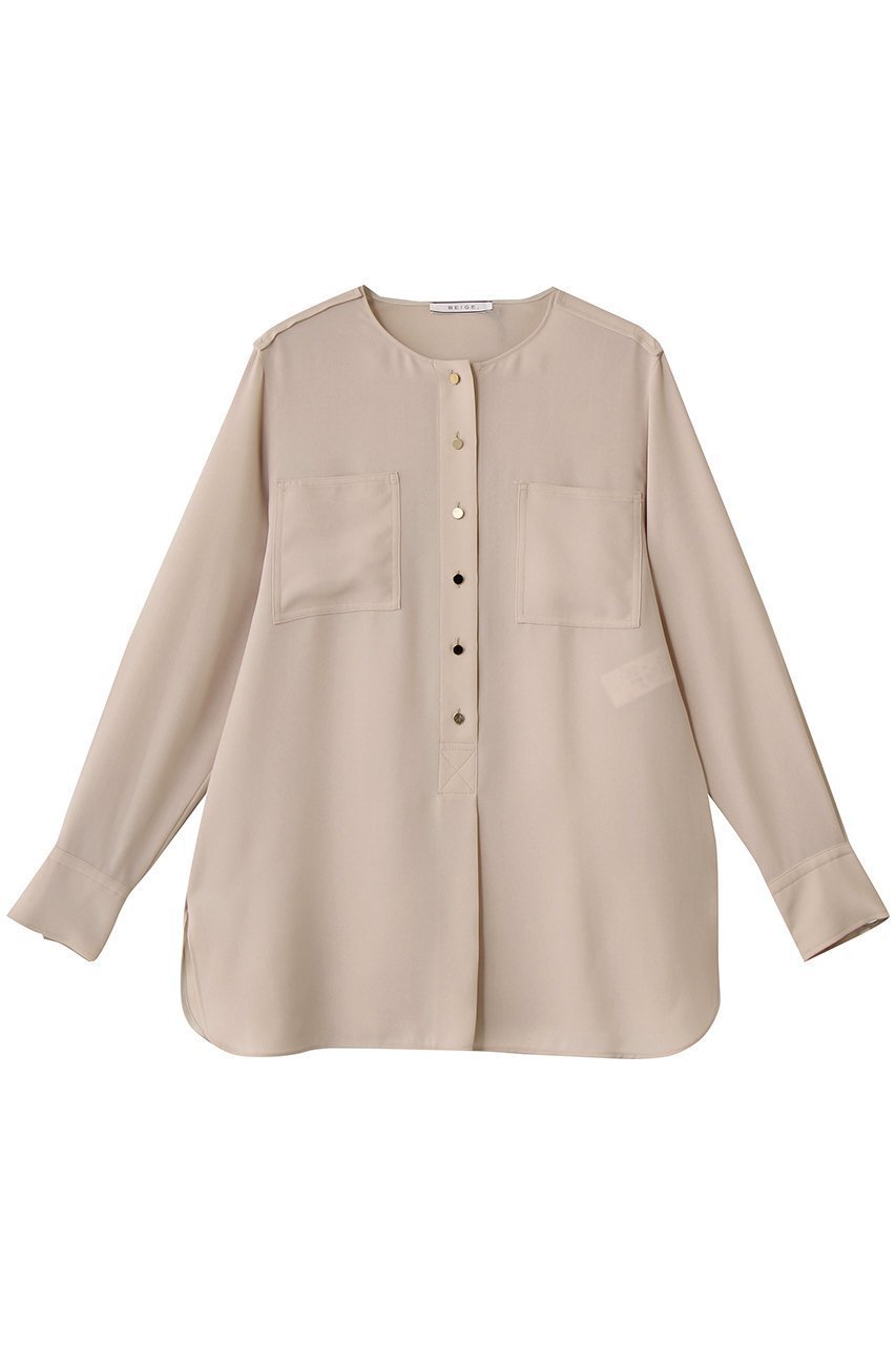 【ベイジ,/BEIGE,】のCLARION(クラリオン)/ゴールド釦クルーネックブラウス インテリア・キッズ・メンズ・レディースファッション・服の通販 founy(ファニー) 　ファッション　Fashion　レディースファッション　Fashion for Women　トップス・カットソー　Cut & Sew Tops　シャツ・ブラウス・オフィスカジュアル　Elegant Blouses & Button-Ups　なめらか　Smooth, Silky Texture　シンプル　Simple, Minimal　スリーブ　Sleeve, Long Sleeve / Short Sleeve　ロング　Long, Long-Length　エレガント 上品　Elegant　新作・新入荷　New Arrivals / New In　Beige|ID: prp329100004737522 ipo3291000000034219996