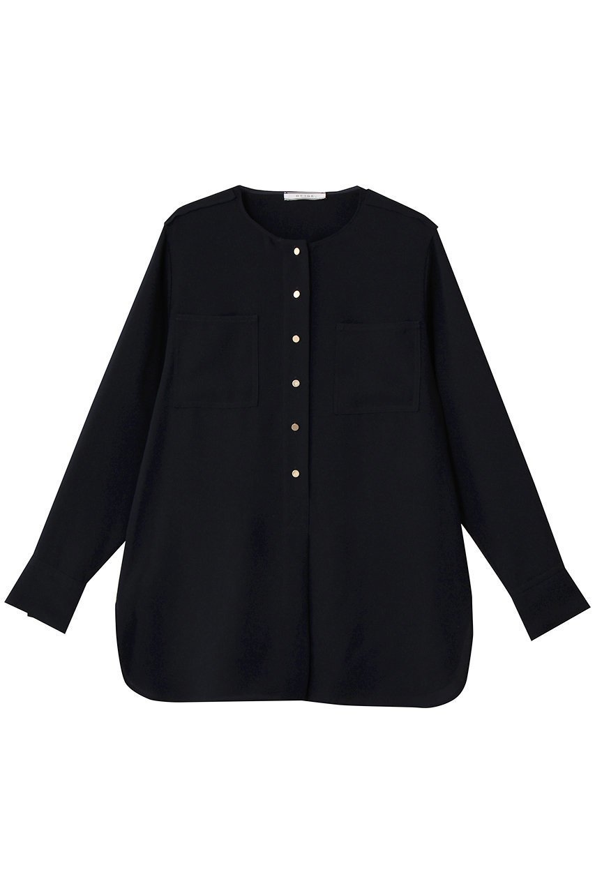 【ベイジ,/BEIGE,】のCLARION(クラリオン)/ゴールド釦クルーネックブラウス インテリア・キッズ・メンズ・レディースファッション・服の通販 founy(ファニー) 　ファッション　Fashion　レディースファッション　Fashion for Women　トップス・カットソー　Cut & Sew Tops　シャツ・ブラウス・オフィスカジュアル　Elegant Blouses & Button-Ups　なめらか　Smooth, Silky Texture　シンプル　Simple, Minimal　スリーブ　Sleeve, Long Sleeve / Short Sleeve　ロング　Long, Long-Length　エレガント 上品　Elegant　Navy|ID: prp329100004737522 ipo3291000000035535974