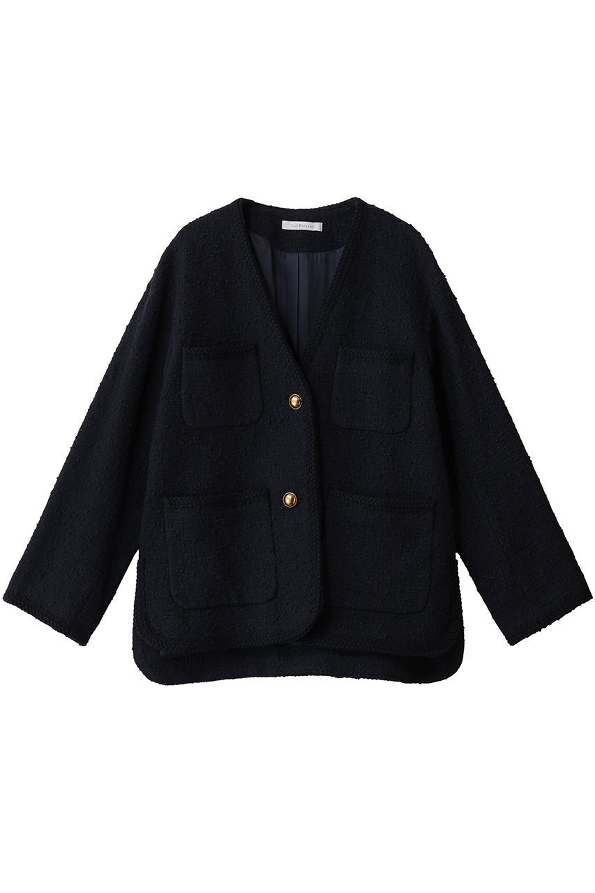 【コルピエロ/Col Pierrot】の【ELLE SHOP限定】ノーカラーツィードジャケット インテリア・キッズ・メンズ・レディースファッション・服の通販 founy(ファニー) 　ファッション　Fashion　レディースファッション　Fashion for Women　アウター　Coat / Outerwear Collection　レディースジャケット・軽アウター　Jackets　アンティーク　Antique-Inspired　クラシカル　Classical, Vintage-Inspired　ジャケット　Jacket, Outerwear　スリット　Slit, Slit Detail　ツイード　Twill, Twill Weave　バランス　Balance, Style Balance　ブレード　Braid, Decorative Trim　再入荷　Restock / Back in Stock　ネイビー|ID: prp329100004739941 ipo3291000000036072310