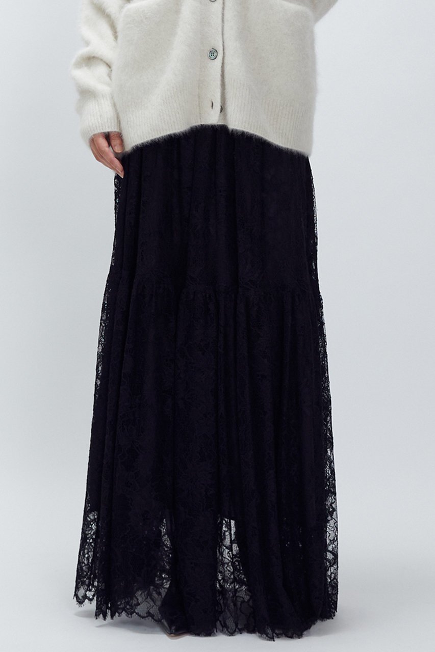 【プルミエ アロンディスモン/1er Arrondissement】のレースティアードスカート インテリア・キッズ・メンズ・レディースファッション・服の通販 founy(ファニー) 　ファッション　Fashion　レディースファッション　Fashion for Women　スカート　Skirts　ティアードスカート　Tiered Skirts　ロングスカート　Long Skirts / Maxi & Midi Skirts　ジャケット　Jacket, Outerwear　チュニック　Tunic, Long Top　ティアードスカート　Tiered Skirt, Flounced Skirt　フェミニン　Feminine, Girly　ラッセル　Raschel, Raschel Lace　リラックス　Relax, Relaxed Fit　レース　Lace, Lace Fabric　ロング　Long, Long-Length　エレガント 上品　Elegant　ブラック|ID: prp329100004741147 ipo3291000000035513240