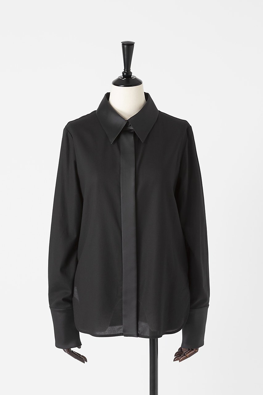 【オーヴィル/EAUVIRE】のサテンカラーシャツ インテリア・キッズ・メンズ・レディースファッション・服の通販 founy(ファニー) 　ファッション　Fashion　レディースファッション　Fashion for Women　トップス・カットソー　Cut & Sew Tops　シャツ・ブラウス・オフィスカジュアル　Elegant Blouses & Button-Ups　カフス　Cuff Design　コンビ　Combo, Combination Style　ジャケット　Jacket, Outerwear　ストレッチ　Stretch, Stretchy Fabric　スリーブ　Sleeve, Long Sleeve / Short Sleeve　ロング　Long, Long-Length　日本製　Made In Japan　ブラック|ID: prp329100004745544 ipo3291000000035843575