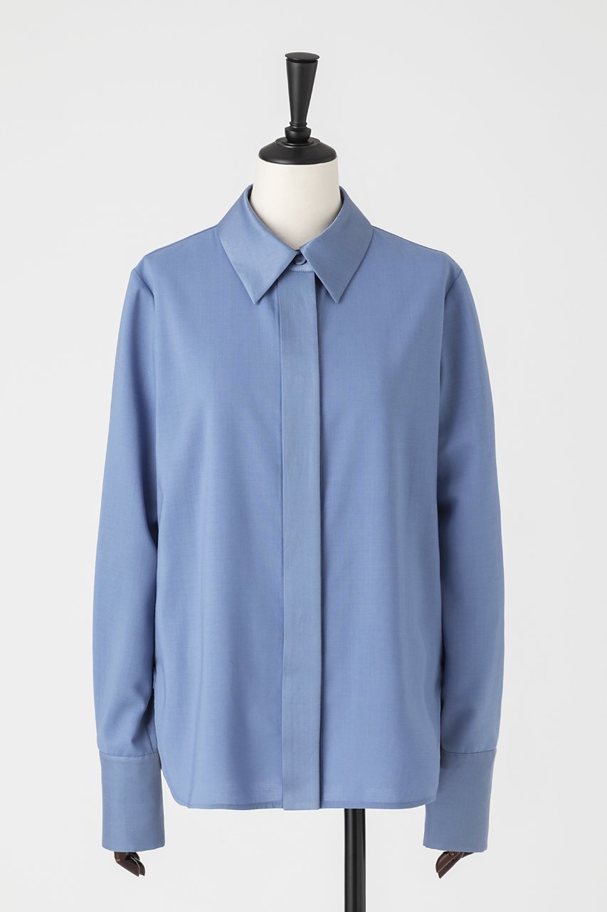 【オーヴィル/EAUVIRE】のサテンカラーシャツ インテリア・キッズ・メンズ・レディースファッション・服の通販 founy(ファニー) 　ファッション　Fashion　レディースファッション　Fashion for Women　トップス・カットソー　Cut & Sew Tops　シャツ・ブラウス・オフィスカジュアル　Elegant Blouses & Button-Ups　カフス　Cuff Design　コンビ　Combo, Combination Style　ジャケット　Jacket, Outerwear　ストレッチ　Stretch, Stretchy Fabric　スリーブ　Sleeve, Long Sleeve / Short Sleeve　ロング　Long, Long-Length　日本製　Made In Japan　ブルー|ID: prp329100004745544 ipo3291000000035843577
