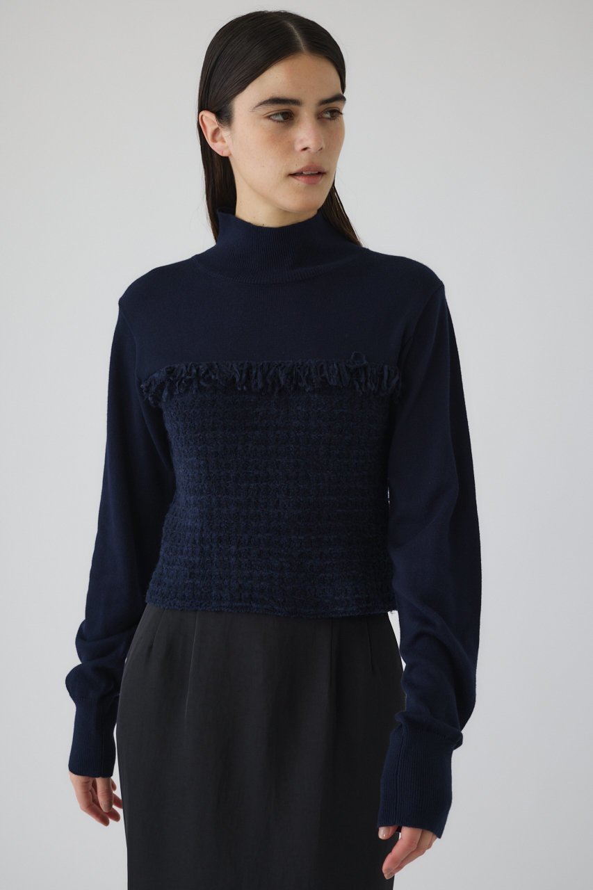 【リムアーク/RIM.ARK】のTweed docking knit tops/ニット 大人の最旬トレンドファッション＆コーディネート founy(ファウニー) 　ファッション　Fashion　レディースファッション　Fashion for Women　トップス・カットソー　Cut & Sew Tops　ニット　Knit Tops & Sweaters　カジュアルプルオーバー・ニットトップス　Pullovers & Knit Tops / Casual Pullovers　クラシカル　Classical, Vintage-Inspired　シンプル　Simple, Minimal　スラックス　Slacks, Dress Pants　ツイード　Twill, Twill Weave　ドッキング　Docking, Mixed Material　モダン　Modern, Contemporary　other-8|ID: prp329100004745620 ipo3291000000035826780