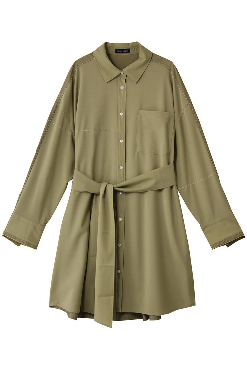 【メゾンスペシャル/MAISON SPECIAL】のHand Stitch Shirt Dress/ハンドステッチシャツワンピース インテリア・キッズ・メンズ・レディースファッション・服の通販 founy(ファニー) 　ファッション　Fashion　レディースファッション　Fashion for Women　ワンピース　Dresses　フォーマル・パーティードレス・結婚式用ドレス　Elegant & Casual Dresses　シャツワンピース / 1枚で着映えコーデ　Shirt Dresses　チュニック　Tunic Tops & Dresses　クラシカル　Classical, Vintage-Inspired　クラシック　Classic, Timeless Style　今季　This Season, Current Season　ストライプ　Stripe, Striped Pattern　チュニック　Tunic, Long Top　パターン　Pattern, Design Print　フェミニン　Feminine, Girly　フロント　Front, Front Design　ロング　Long, Long-Length　エレガント 上品　Elegant　KHK(カーキ)|ID: prp329100004747010 ipo3291000000035889016
