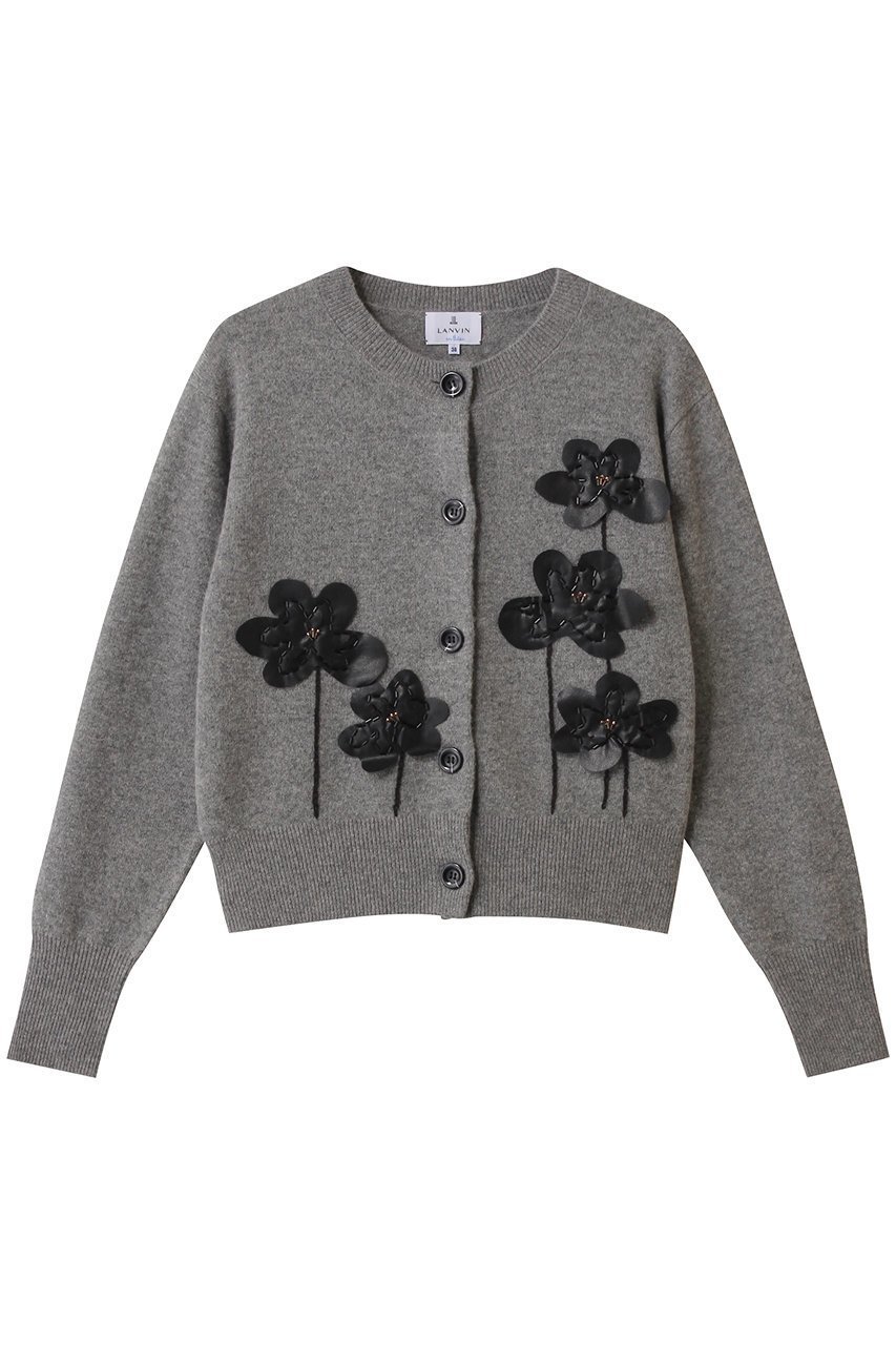 【ランバン オン ブルー/LANVIN en Bleu】のフラワー刺しゅうカーディガン インテリア・キッズ・メンズ・レディースファッション・服の通販 founy(ファニー) 　ファッション　Fashion　レディースファッション　Fashion for Women　トップス・カットソー　Cut & Sew Tops　ニット　Knit Tops & Sweaters　カーディガン・羽織り　Layered Style Cardigans　カーディガン　Cardigan, Knitwear　クロップド　Cropped, Short Length　シンプル　Simple, Minimal　バランス　Balance, Style Balance　フェイクレザー　Faux Leather, PU Leather　フェミニン　Feminine, Girly　フラワー　Flower, Floral　ボトム　Bottoms, Lower Wear　モチーフ　Motif, Design Theme　エレガント 上品　Elegant　新作・新入荷　New Arrivals / New In　グレー|ID: prp329100004747075 ipo3291000000034321170
