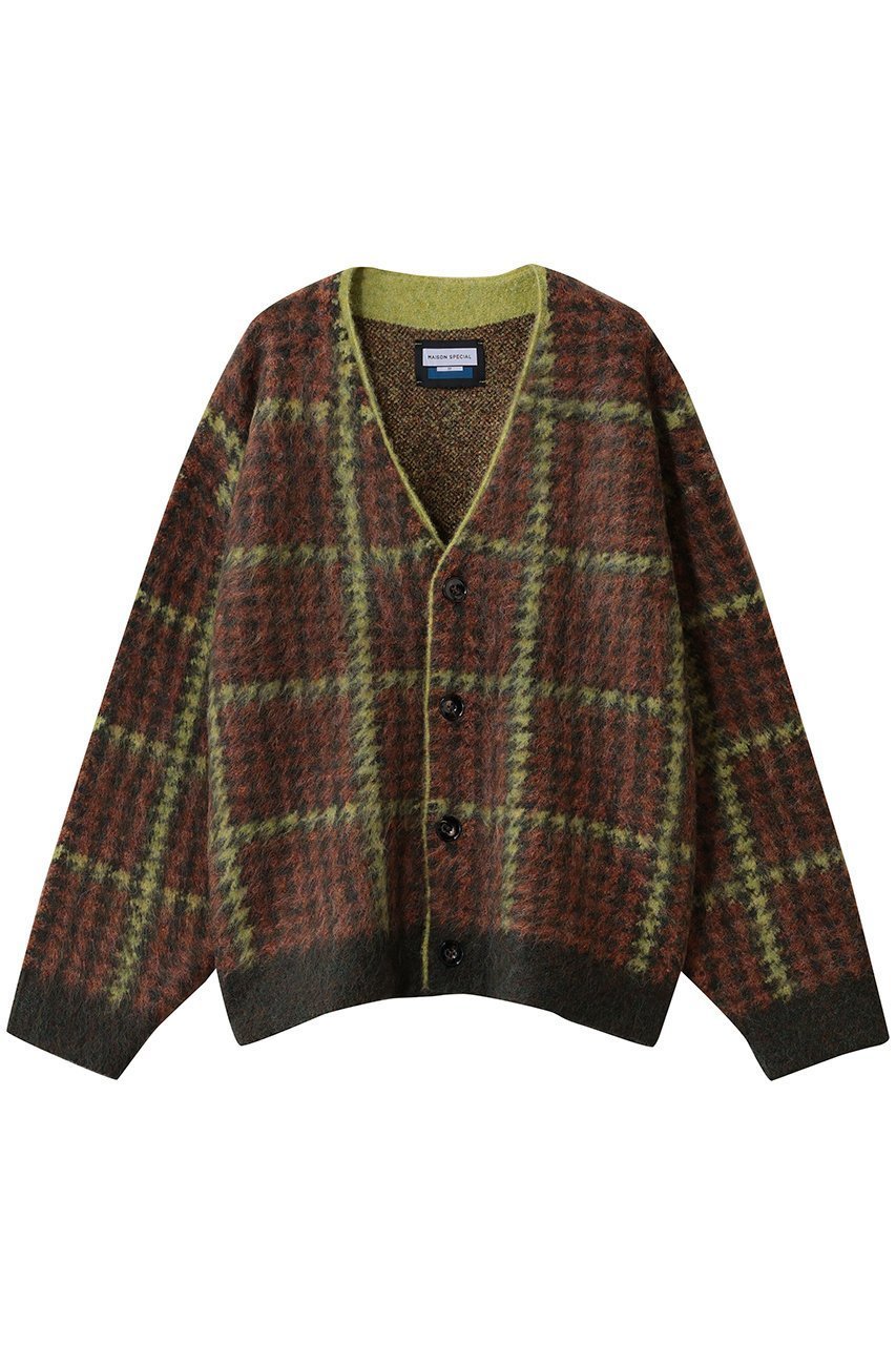 【メゾンスペシャル/MAISON SPECIAL】の【UNISEX】5GGシャギーニットVカーデ チェックパターン インテリア・キッズ・メンズ・レディースファッション・服の通販 founy(ファニー) 　ファッション　Fashion　レディースファッション　Fashion for Women　トップス・カットソー　Cut & Sew Tops　ニット　Knit Tops & Sweaters　カジュアルプルオーバー・ニットトップス　Pullovers & Knit Tops / Casual Pullovers　ユニセックス　Unisex, Genderless　ジャカード／ジャガード　Jacquard, Woven Pattern　チェック　Check, Plaid, Tartan　パターン　Pattern, Design Print　エレガント 上品　Elegant　BRN(ブラウン)|ID: prp329100004748468 ipo3291000000035844016