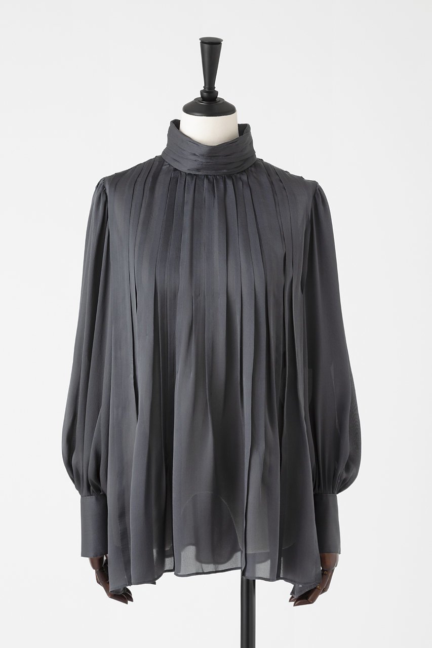 【オーヴィル/EAUVIRE】のランダムタックブラウス インテリア・キッズ・メンズ・レディースファッション・服の通販 founy(ファニー) 　ファッション　Fashion　レディースファッション　Fashion for Women　トップス・カットソー　Cut & Sew Tops　シャツ・ブラウス・オフィスカジュアル　Elegant Blouses & Button-Ups　クラシカル　Classical, Vintage-Inspired　サテン　Satin, Glossy Fabric　シフォン　Chiffon, Lightweight Fabric　シルク　Silk, 100% Silk　スリーブ　Sleeve, Long Sleeve / Short Sleeve　ハイネック　High Neck, Mock Neck　フレア　Flare, Flared　ランダム　Random, Irregular　ロング　Long, Long-Length　エレガント 上品　Elegant　新作・新入荷　New Arrivals / New In　日本製　Made In Japan　ダークグレー|ID: prp329100004750188 ipo3291000000034347160