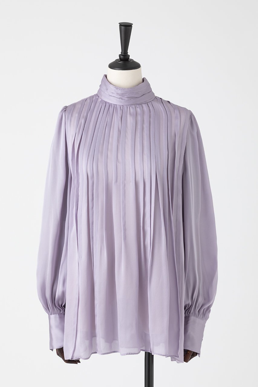【オーヴィル/EAUVIRE】のランダムタックブラウス インテリア・キッズ・メンズ・レディースファッション・服の通販 founy(ファニー) 　ファッション　Fashion　レディースファッション　Fashion for Women　トップス・カットソー　Cut & Sew Tops　シャツ・ブラウス・オフィスカジュアル　Elegant Blouses & Button-Ups　クラシカル　Classical, Vintage-Inspired　サテン　Satin, Glossy Fabric　シフォン　Chiffon, Lightweight Fabric　シルク　Silk, 100% Silk　スリーブ　Sleeve, Long Sleeve / Short Sleeve　ハイネック　High Neck, Mock Neck　フレア　Flare, Flared　ランダム　Random, Irregular　ロング　Long, Long-Length　エレガント 上品　Elegant　日本製　Made In Japan　ラベンダー|ID: prp329100004750188 ipo3291000000035907787