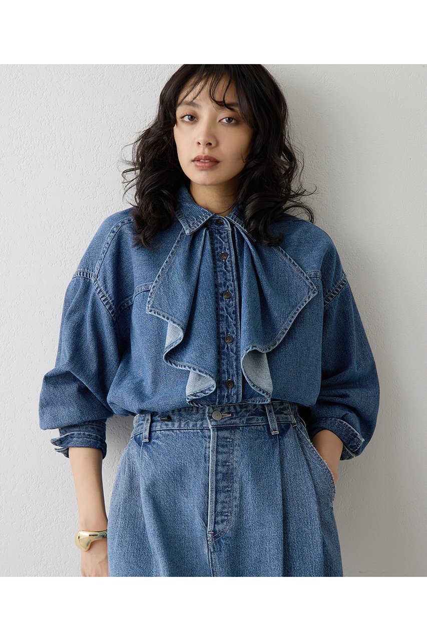 【ウィムガゼット/Whim Gazette】のフリルデニムブラウス 人気、トレンドファッション・服の通販 founy(ファニー) 　ファッション　Fashion　レディースファッション　Fashion for Women　トップス・カットソー　Cut & Sew Tops　シャツ・ブラウス・オフィスカジュアル　Elegant Blouses & Button-Ups　おすすめ　Recommended / Our Picks　アンティーク　Antique-Inspired　スリーブ　Sleeve, Long Sleeve / Short Sleeve　セットアップ　Set-Up, Coordinated Outfit　デニム　Denim, Jeans Material　バランス　Balance, Style Balance　フリル　Frill, Ruffle　ボトム　Bottoms, Lower Wear　ロング　Long, Long-Length　ヴィンテージ　Vintage Style　エレガント 上品　Elegant　 other-1|ID: prp329100004752870 ipo3291000000035717079