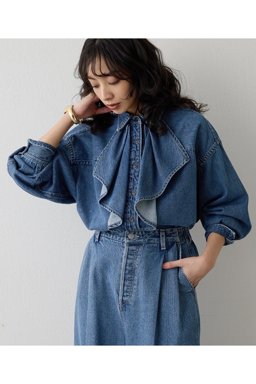 【ウィムガゼット/Whim Gazette】のフリルデニムブラウス 人気、トレンドファッション・服の通販 founy(ファニー) 　ファッション　Fashion　レディースファッション　Fashion for Women　トップス・カットソー　Cut & Sew Tops　シャツ・ブラウス・オフィスカジュアル　Elegant Blouses & Button-Ups　おすすめ　Recommended / Our Picks　アンティーク　Antique-Inspired　スリーブ　Sleeve, Long Sleeve / Short Sleeve　セットアップ　Set-Up, Coordinated Outfit　デニム　Denim, Jeans Material　バランス　Balance, Style Balance　フリル　Frill, Ruffle　ボトム　Bottoms, Lower Wear　ロング　Long, Long-Length　ヴィンテージ　Vintage Style　エレガント 上品　Elegant　other-4|ID: prp329100004752870 ipo3291000000035717088