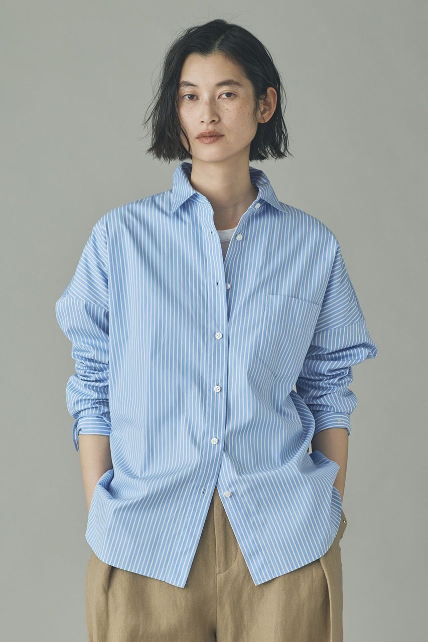 【カレンソロジー/Curensology】の〈&RC〉ビッグシャツコンビ インテリア・キッズ・メンズ・レディースファッション・服の通販 founy(ファニー) 　ファッション　Fashion　レディースファッション　Fashion for Women　トップス・カットソー　Cut & Sew Tops　シャツ・ブラウス・オフィスカジュアル　Elegant Blouses & Button-Ups　おすすめ　Recommended / Our Picks　インナー　Innerwear　ストライプ　Stripe, Striped Pattern　スリーブ　Sleeve, Long Sleeve / Short Sleeve　ロング　Long, Long-Length　サックス|ID: prp329100004757826 ipo3291000000034898068